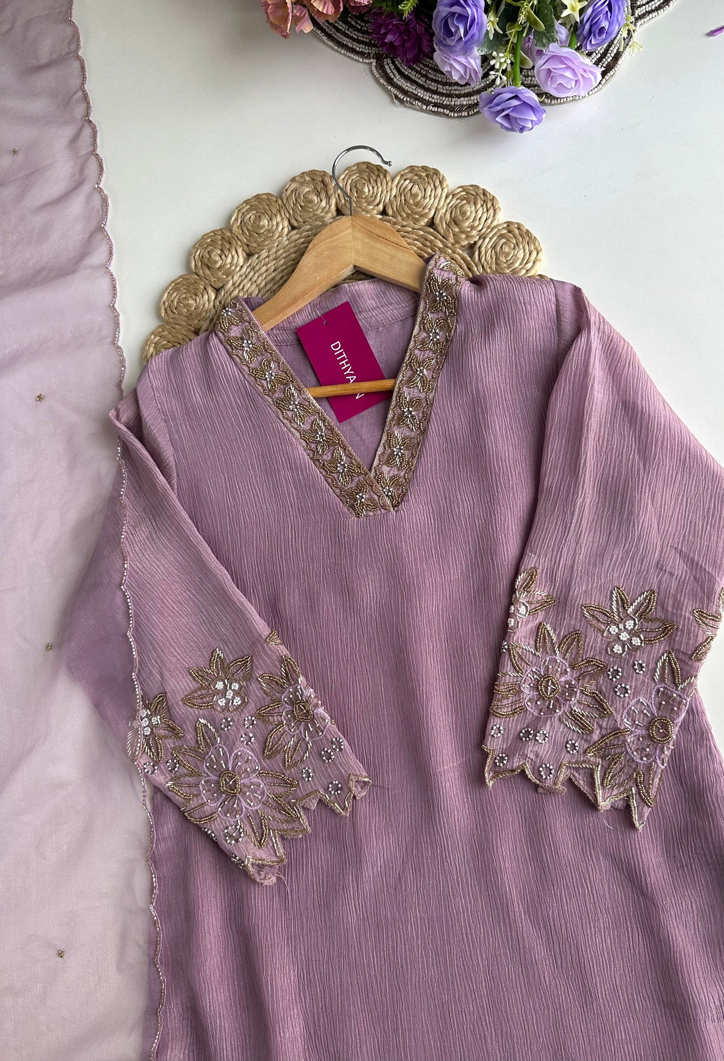 K057 - Crush tissue handwork straight Kurti with pants and dupatta in 2 colours