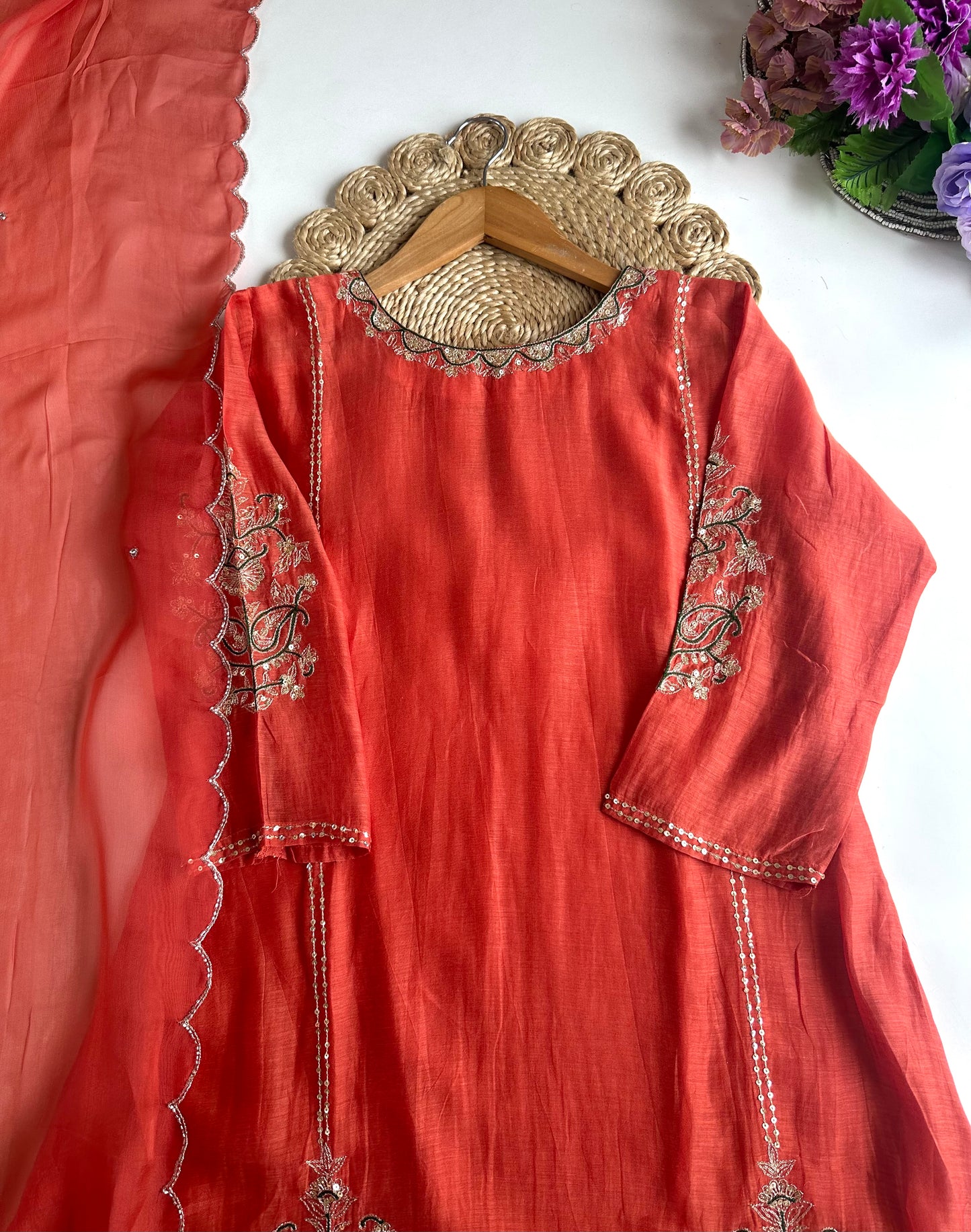 K010 - Mul Chanderi handwork Aline Kurti with pants and dupatta