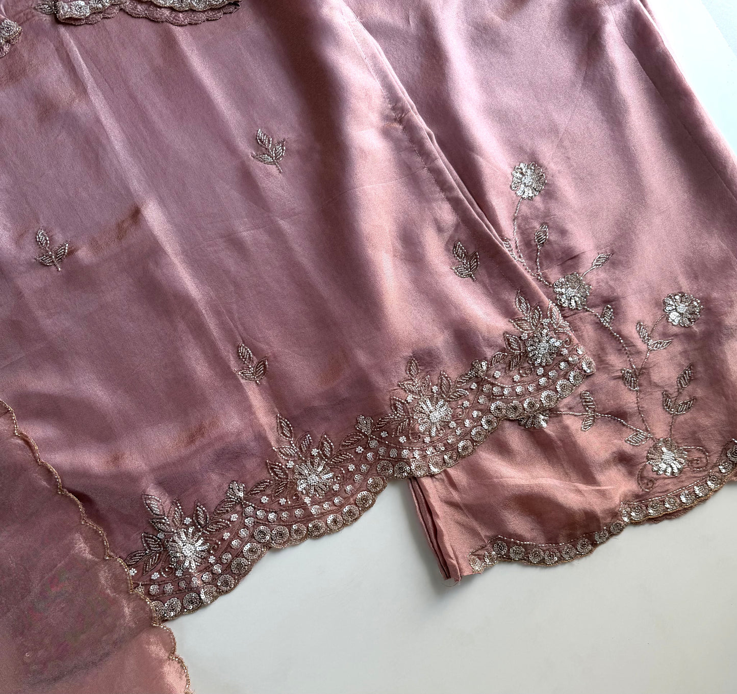 K203 - Tissue silk handwork short Kurti with divider pants and dupatta