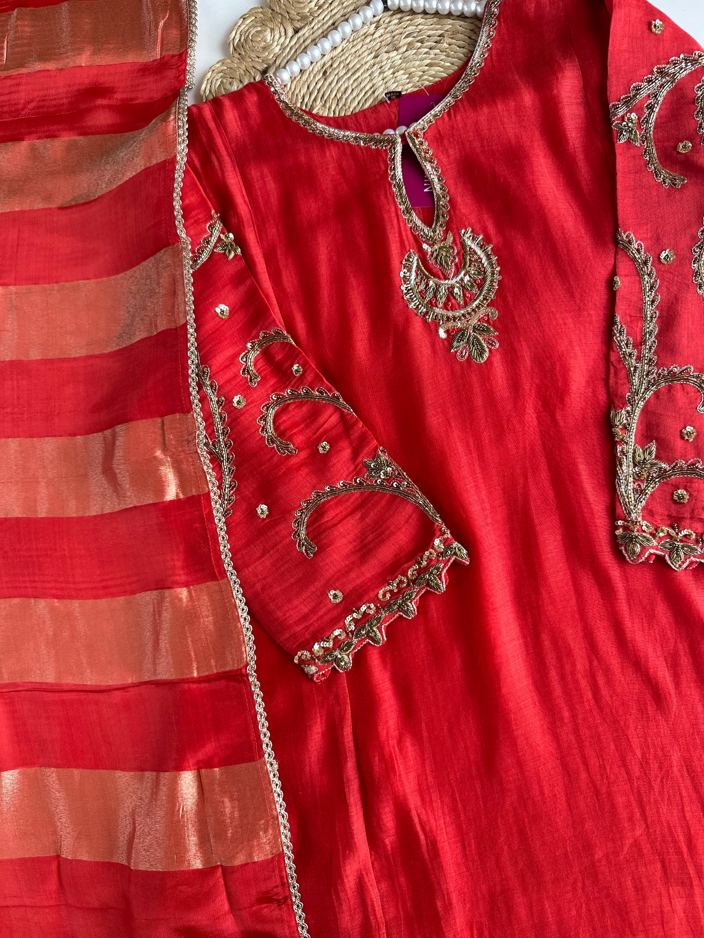K035 - Mul Chanderi Handwork Aline Kurti with pants and dupatta