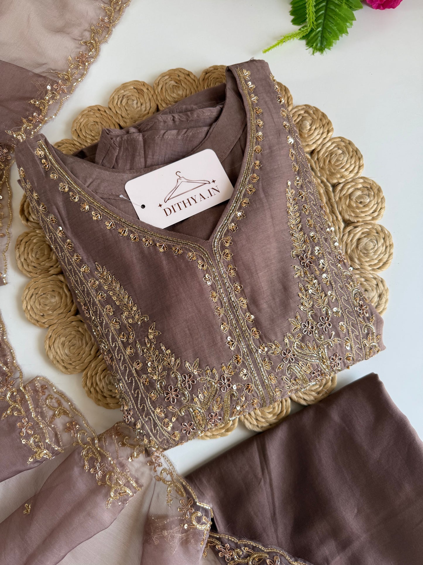 K120 - Mul chanderi handwork Aline Kurti with pants and dupatta