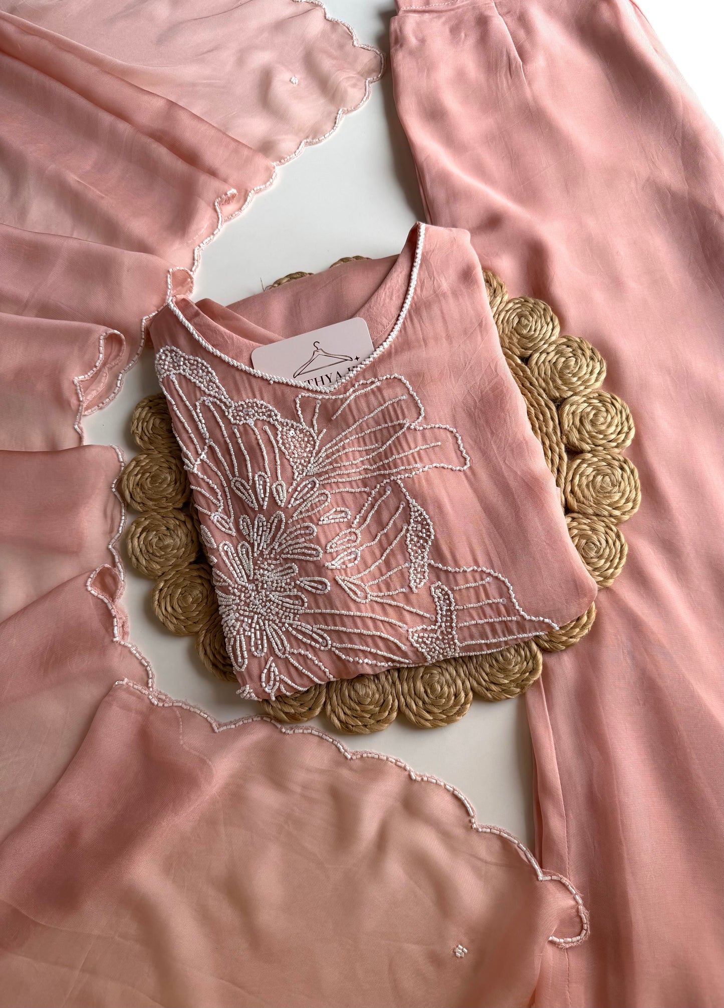 K525 - Pure Crape handwork Kurti with divider pants and dupatta