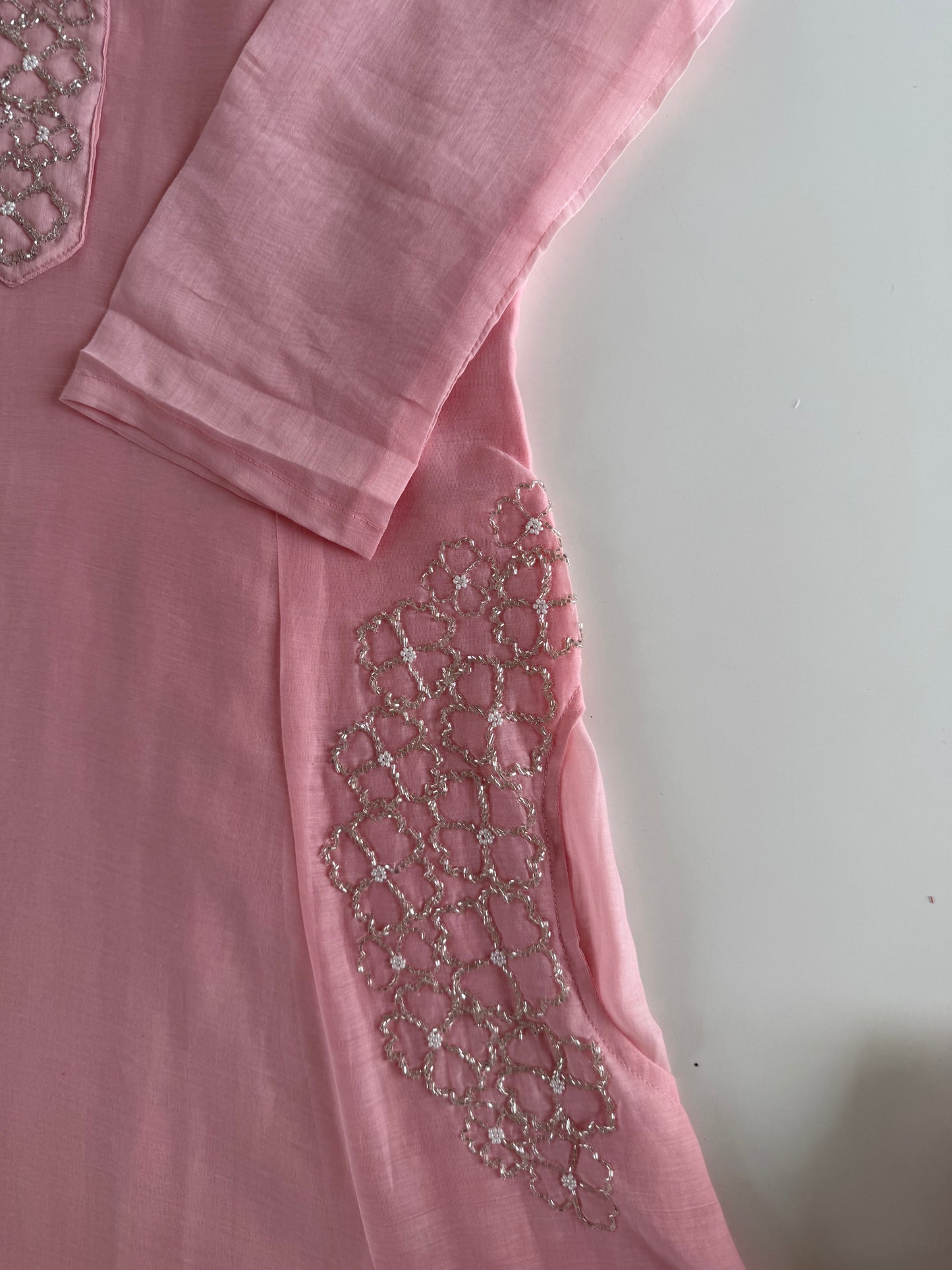 K283 - Mul chanderi handwork aline Kurti with pants and dupatta