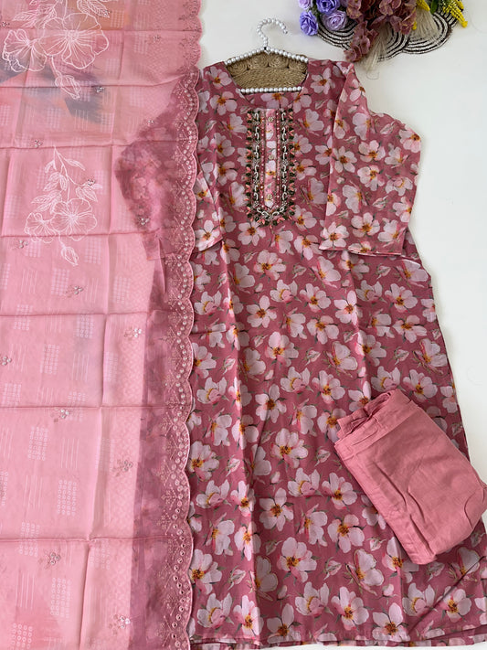 D409-Organza straight kurti with pants and dupatta