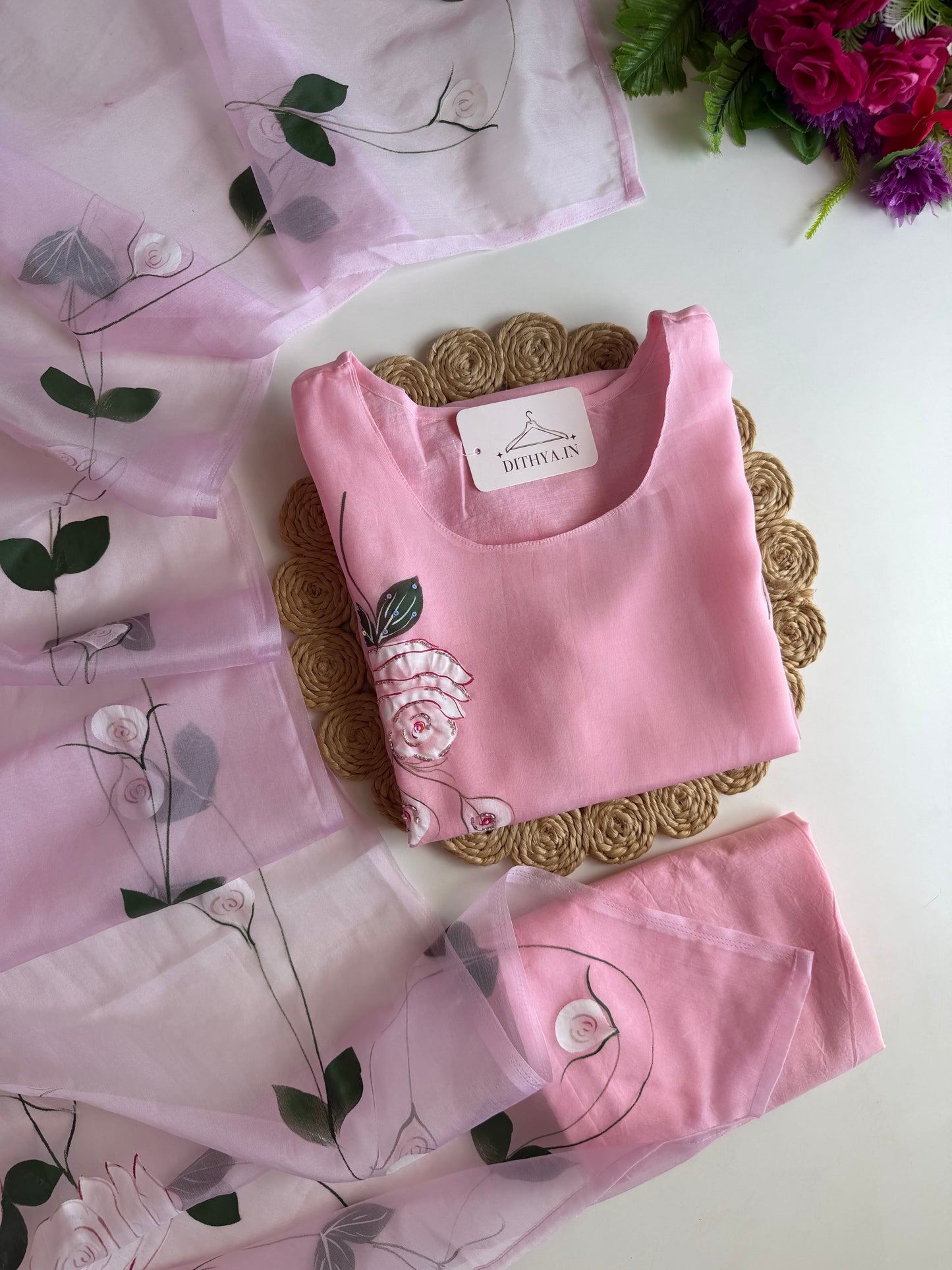 K195 - Viscose organza hand painted straight Kurti with pants and dupatta