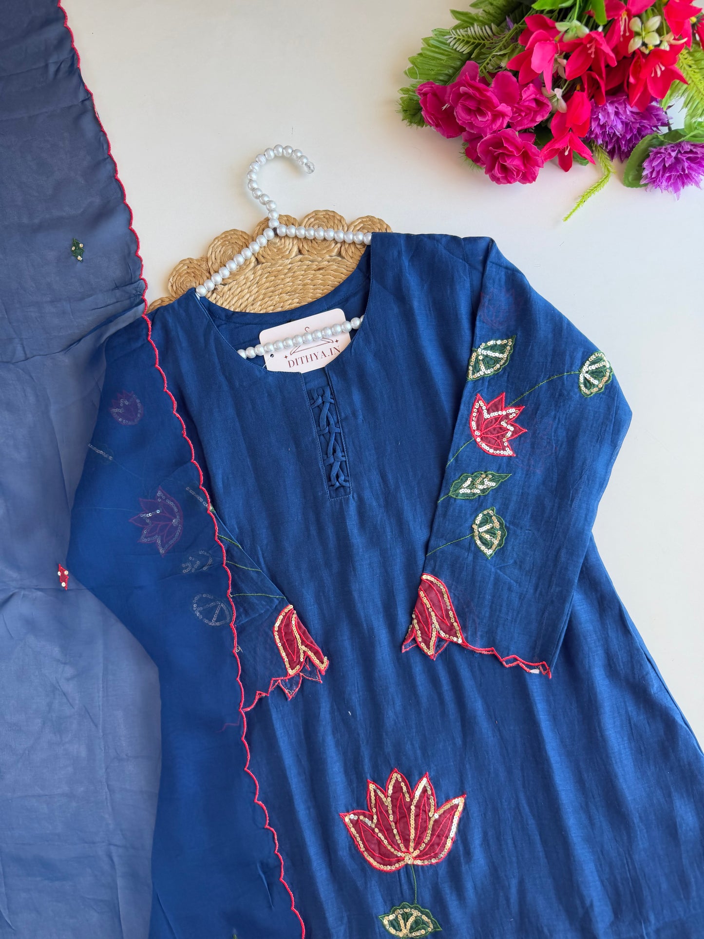 K193 - Mul chanderi handwork aline Kurti with pants and dupatta