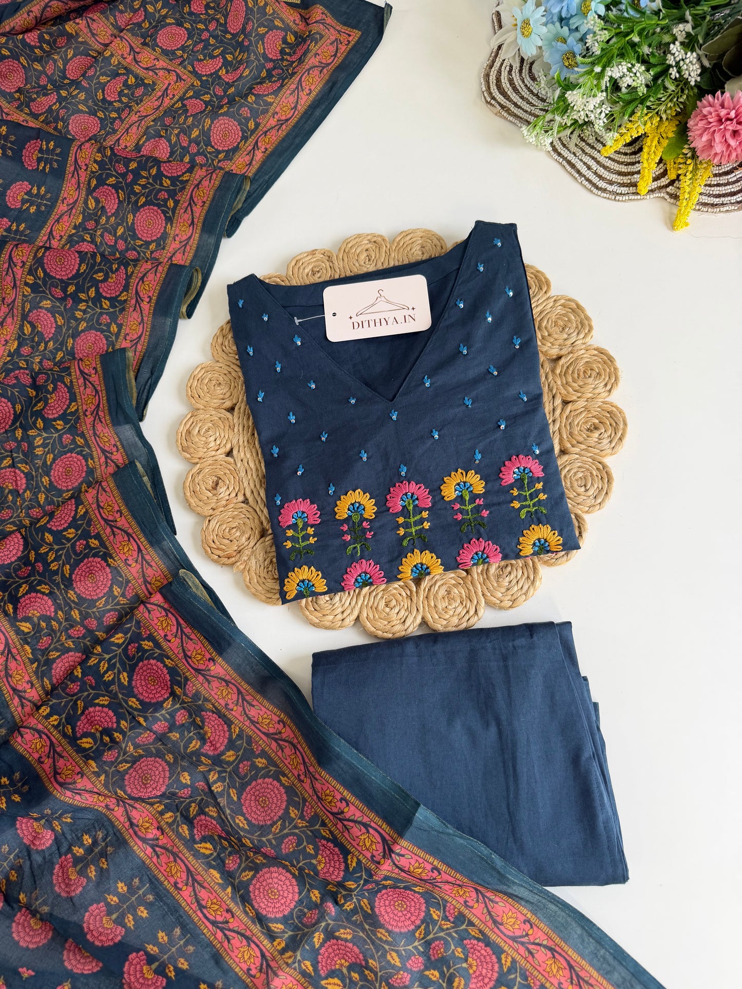 K645 - Mul cotton embroidered straight Kurti with pants and dupatta