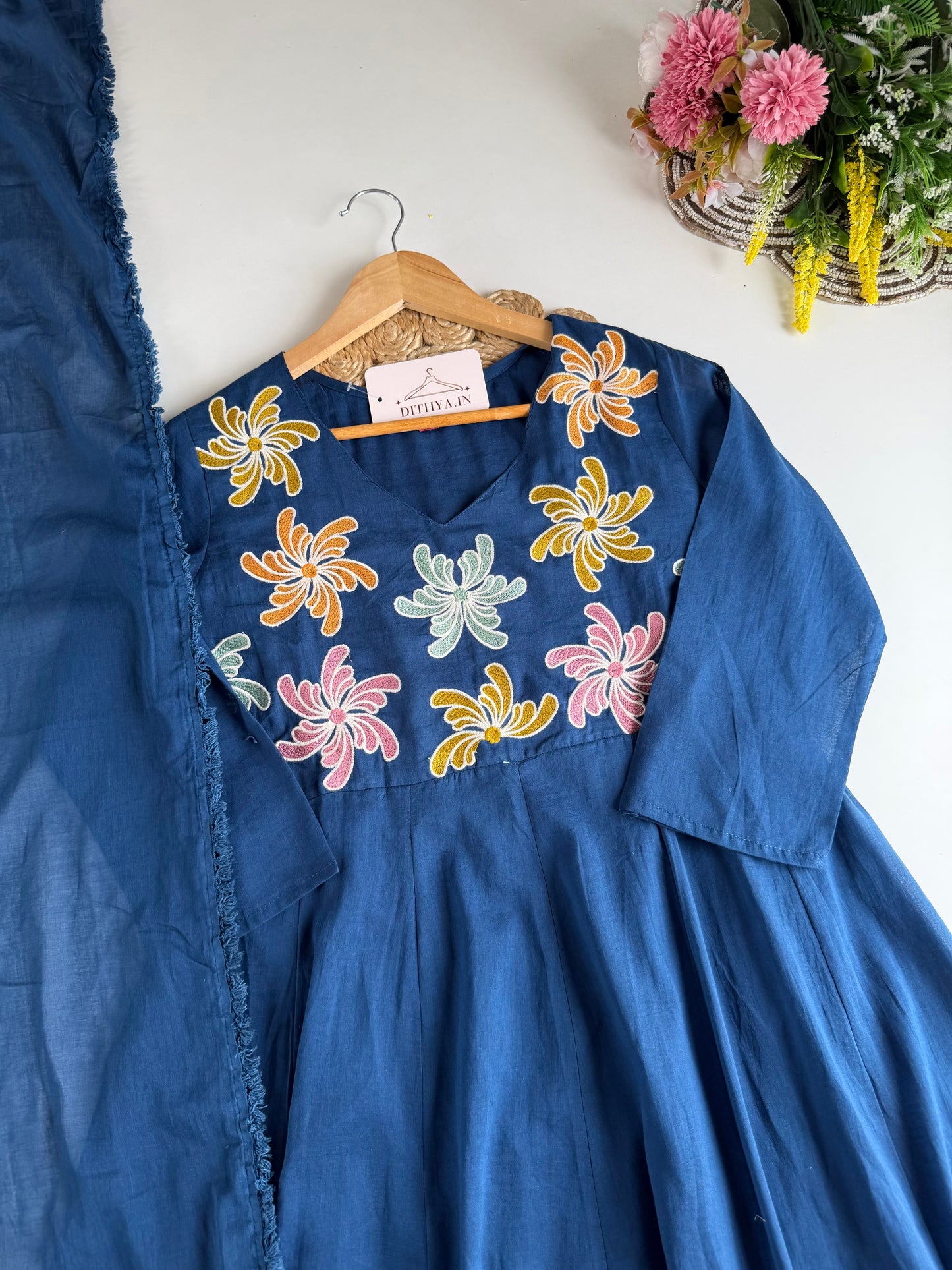 K678 - Mul cotton embroidered Anarkali with pants and dupatta