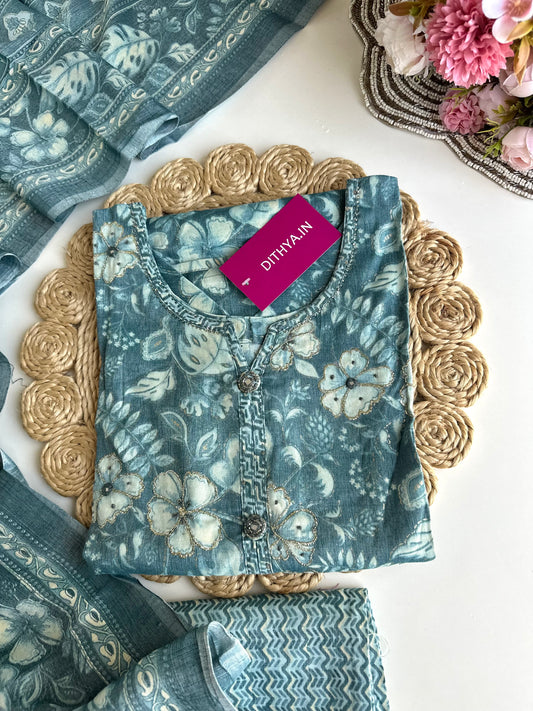 K054 - Cotton muslin floral straight Kurti with pants and dupatta