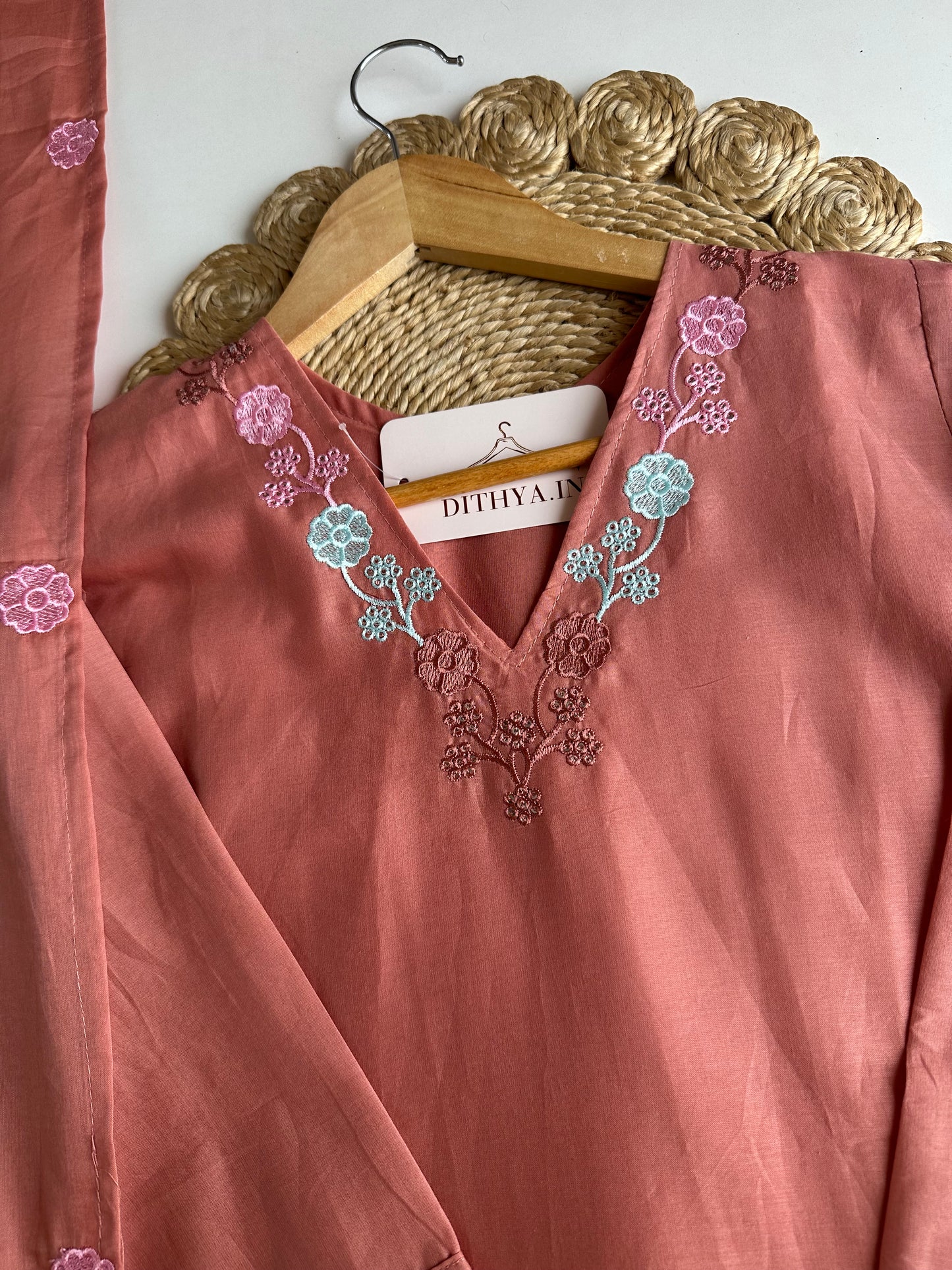 K131 - Mul cotton embroidered straight Kurti with pants and dupatta