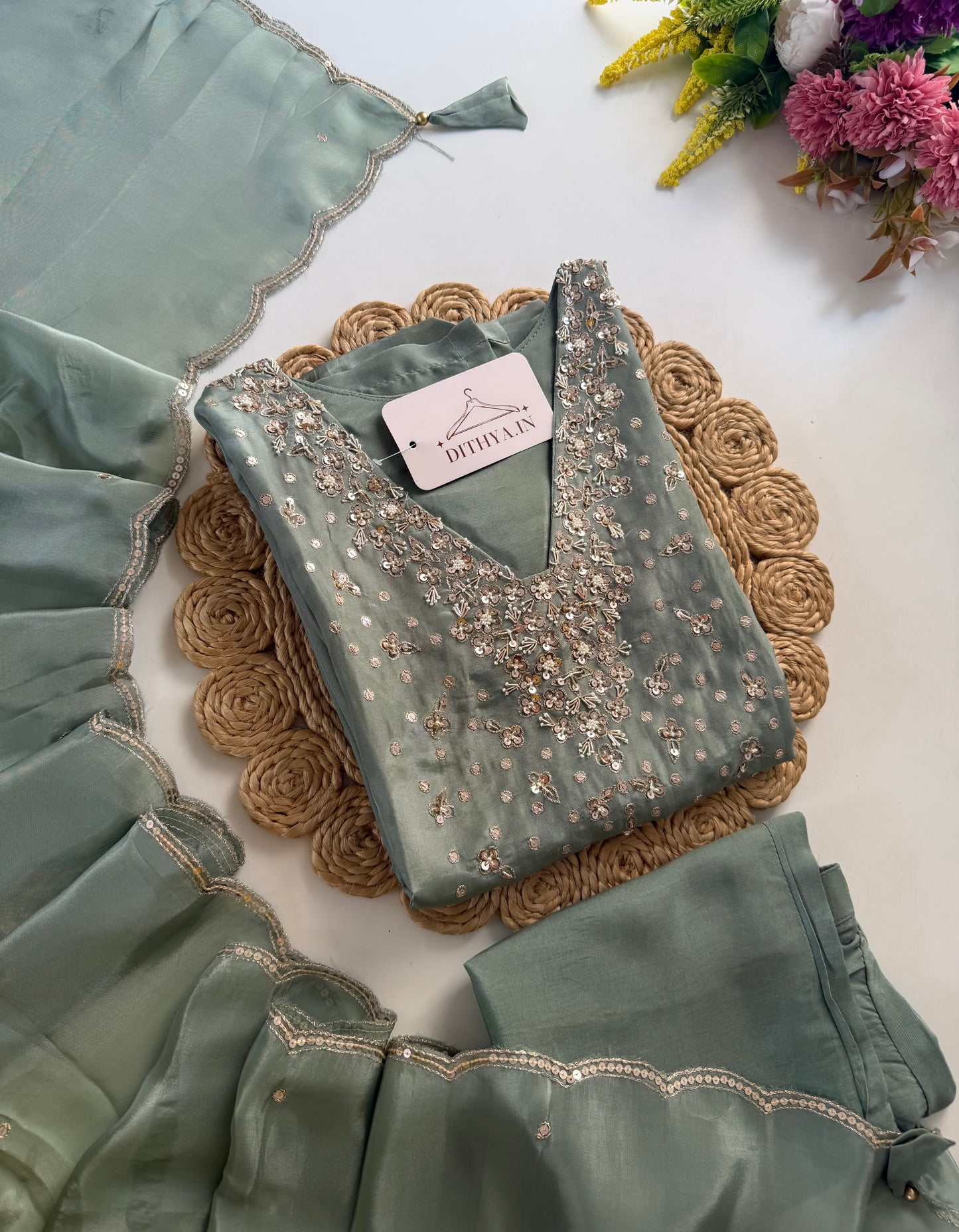 K082 - Ho silk Handwork straight Kurti with pants and dupatta