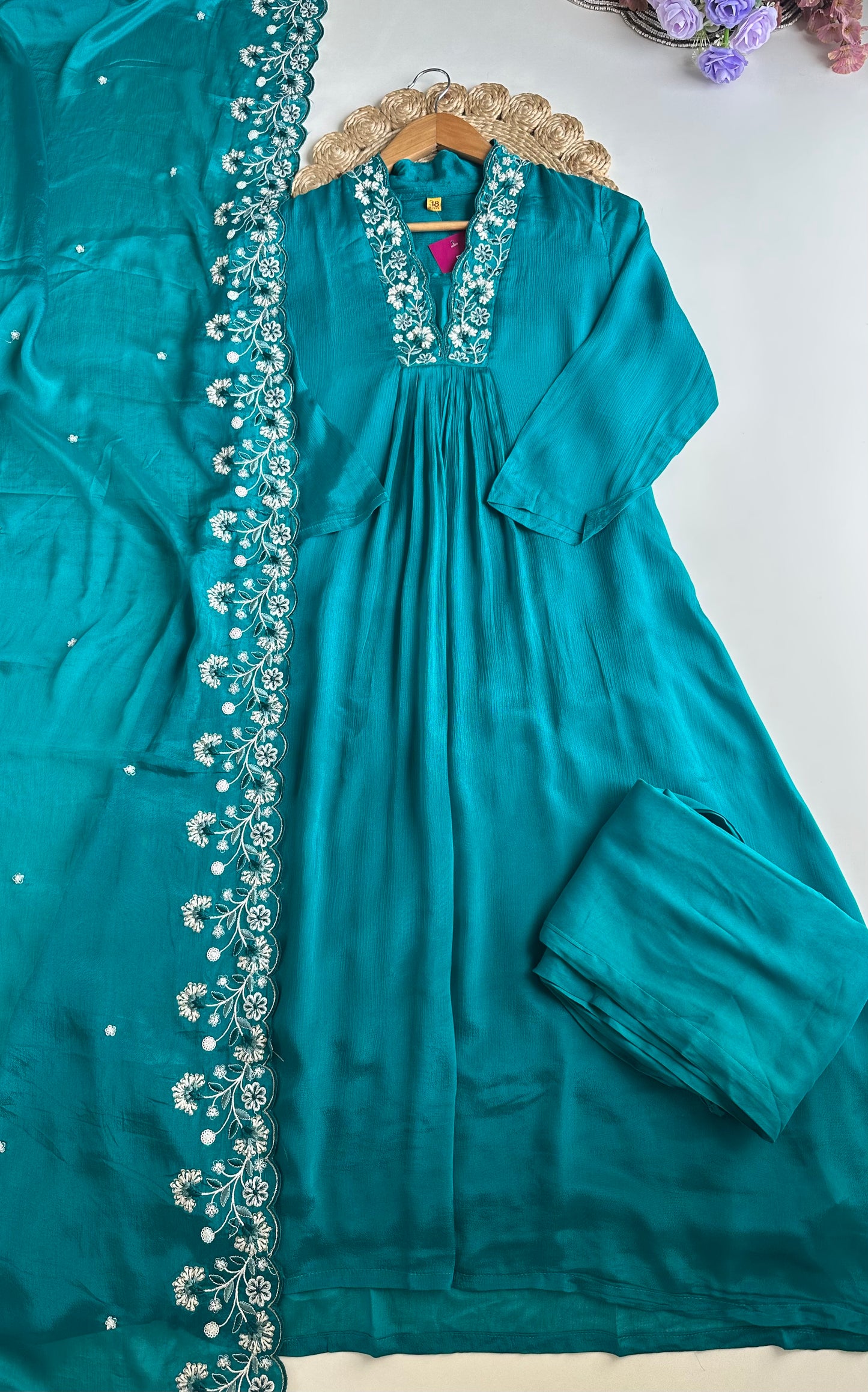 K473 - Chinnon embroidered Aline Kurti with pants and dupatta