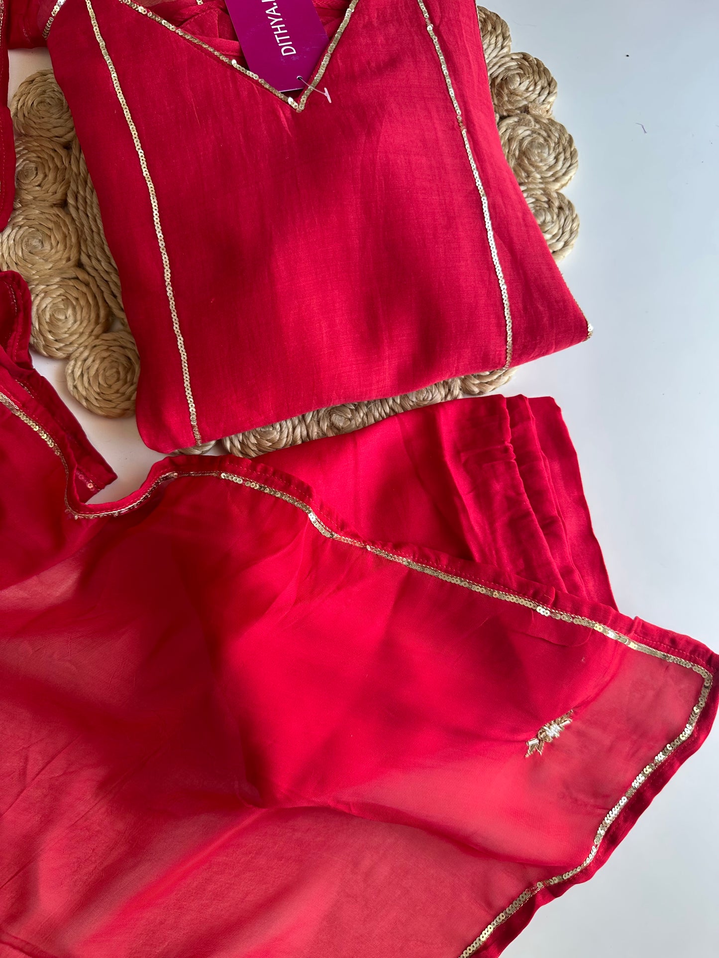 K070 - Mul Chanderi handwork Aline Kurti with pants and dupatta