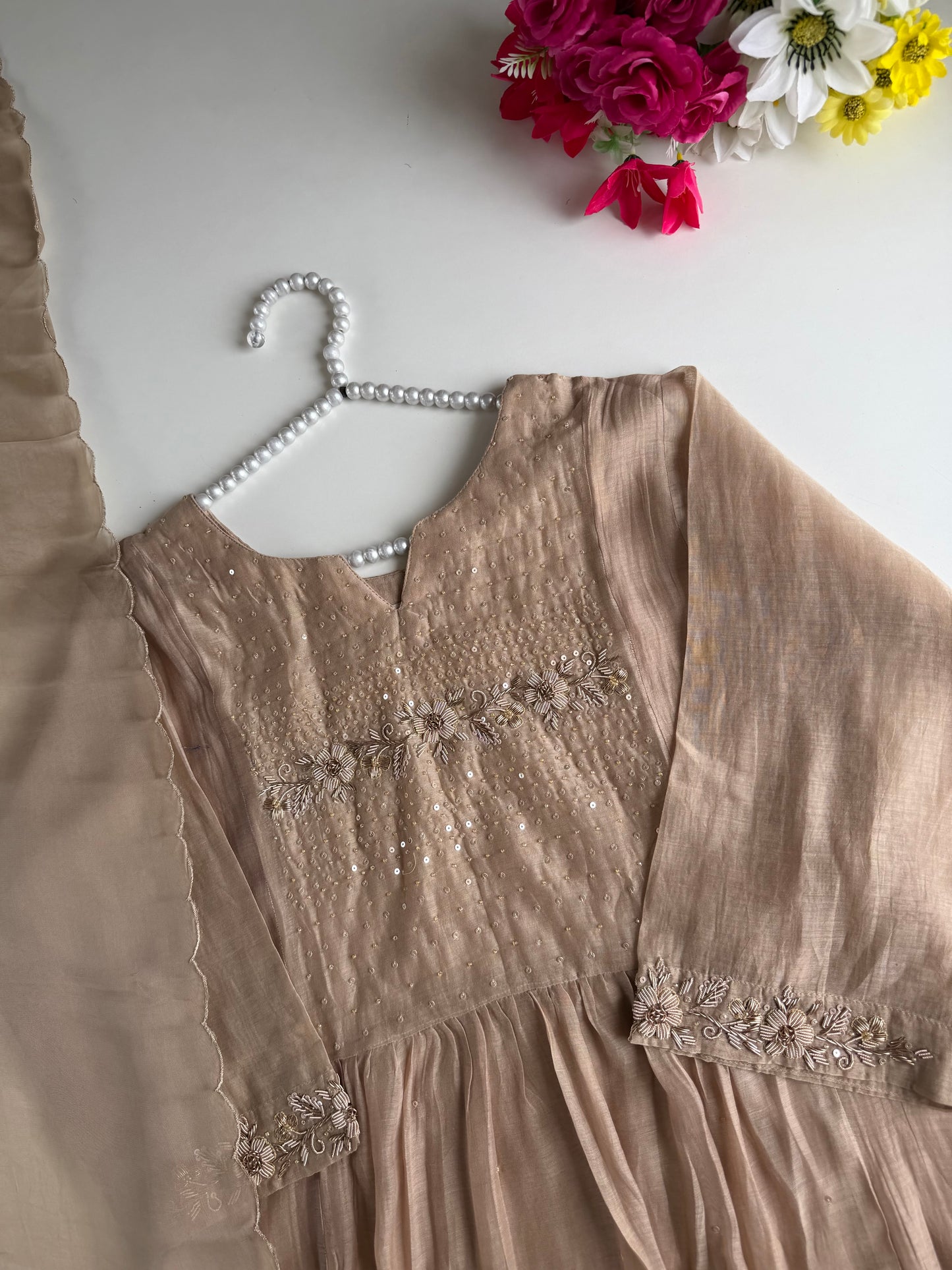 K398 - Mul chanderi zardosi work Anarkali with pants and dupatta