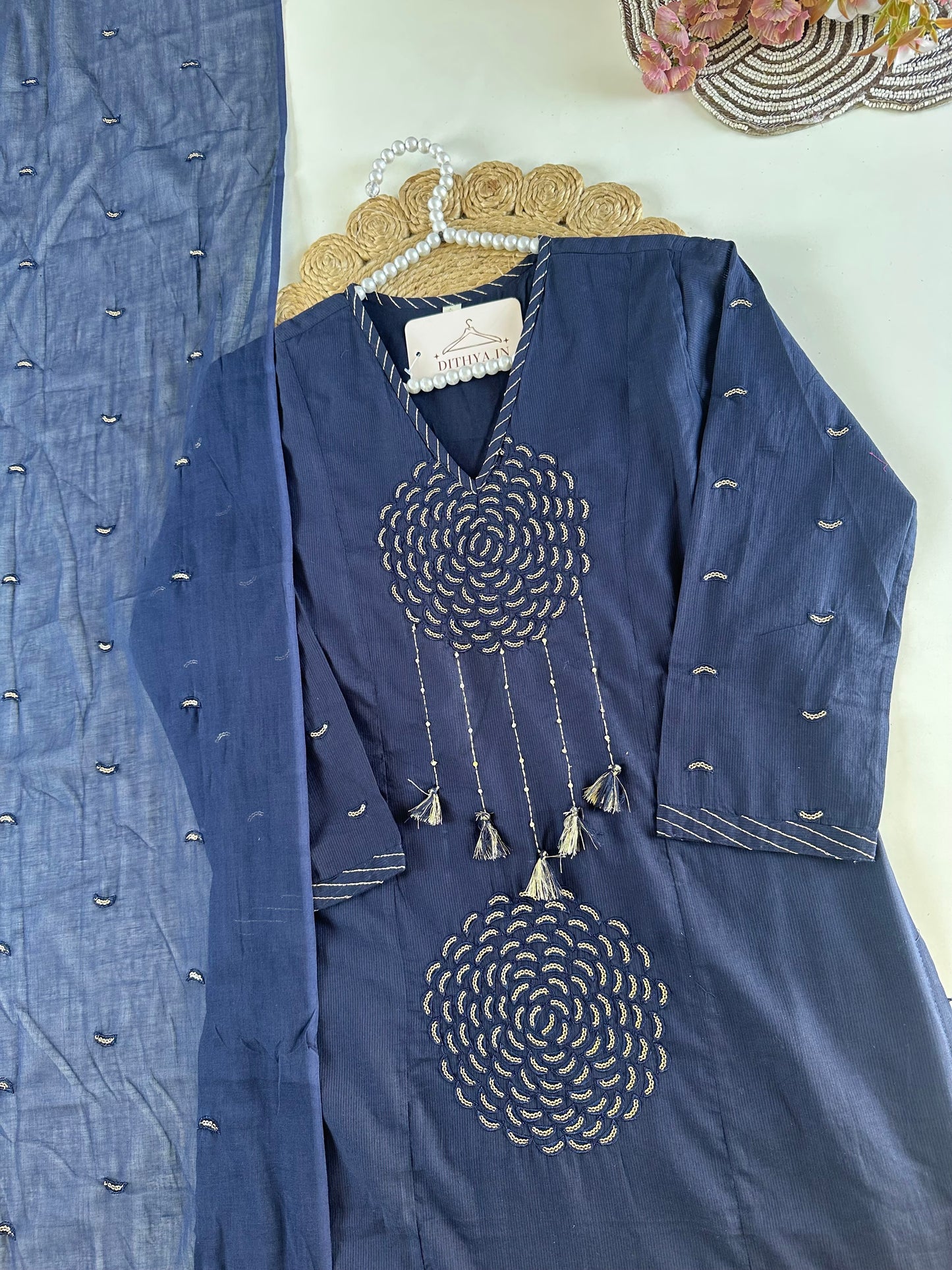 K473 - Mul cotton embroidered straight Kurti with pants and dupatta