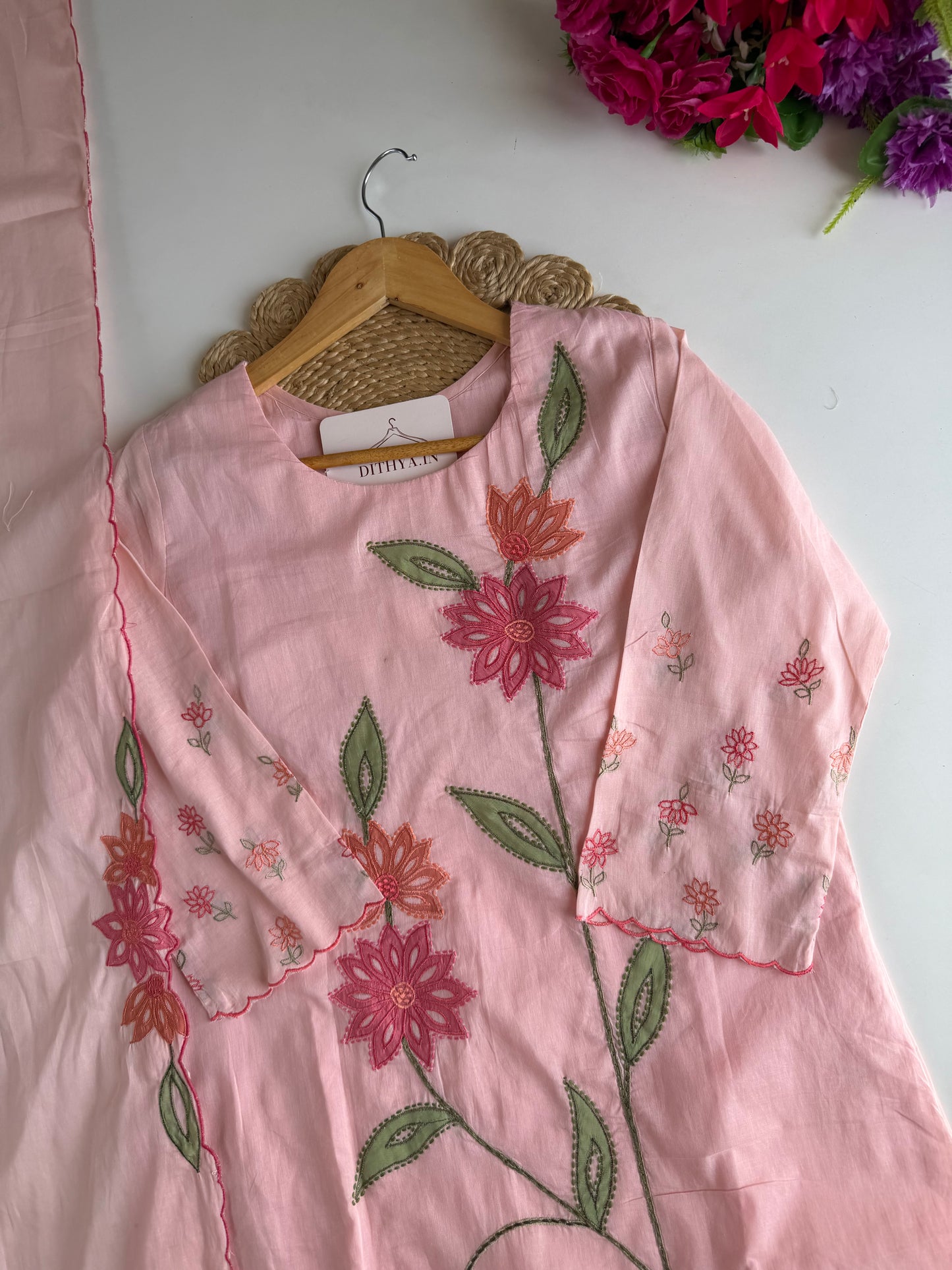K732 - Mul cotton appliqué embroidered straight Kurti with pants and dupatta