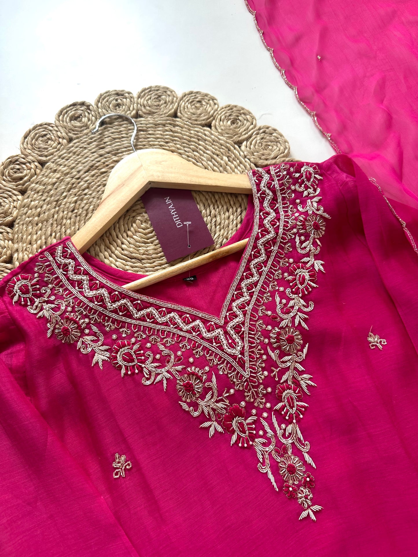 K390-Mul Chanderi Zardosi work Aline Kurti with pants and dupatta.