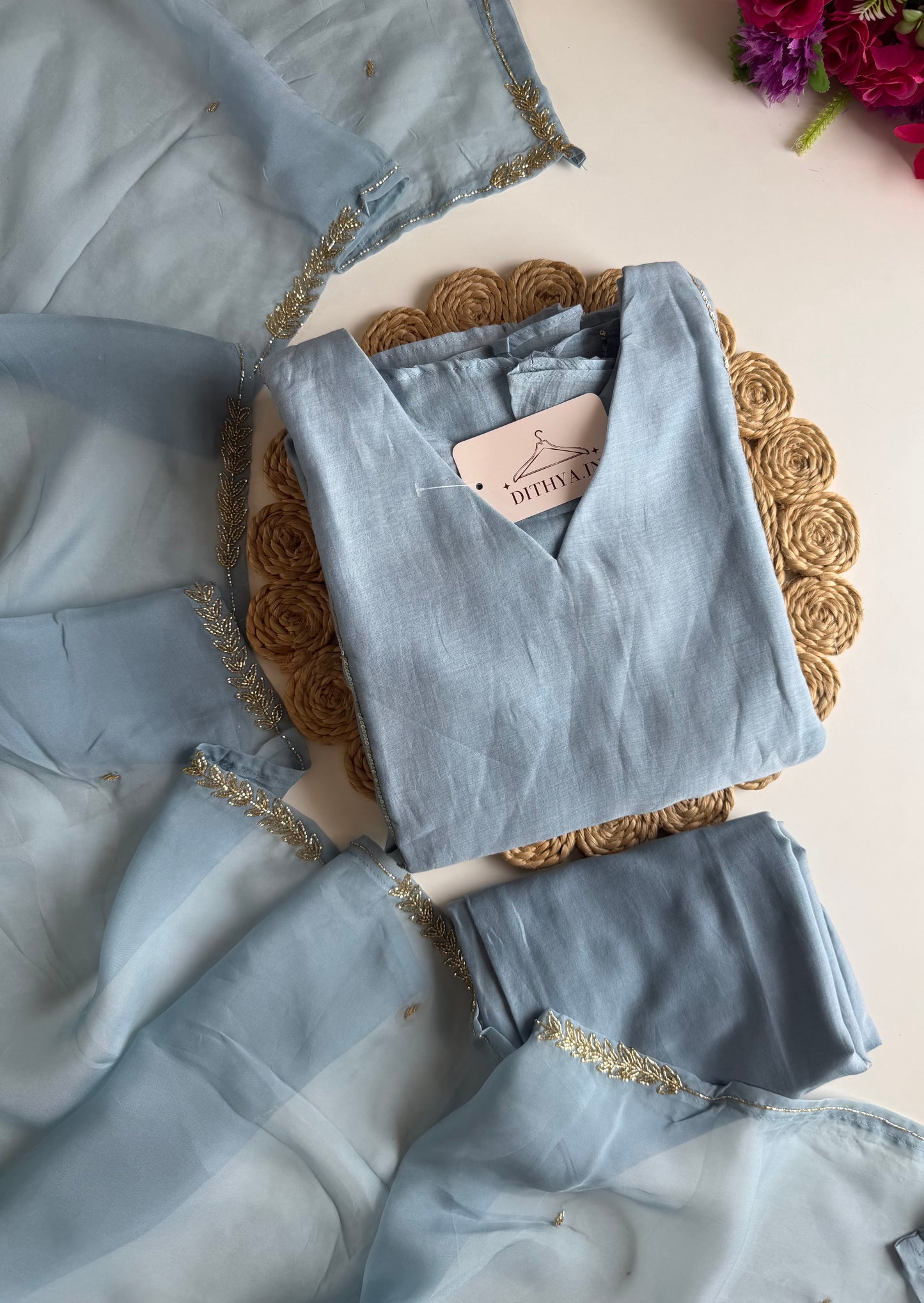 K108 - Mul chanderi handwork aline Kurti with pants and dupatta