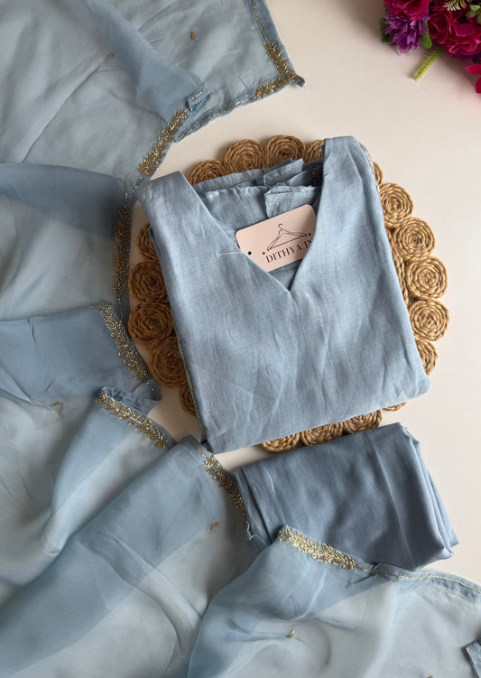 K108 - Mul chanderi handwork aline Kurti with pants and dupatta