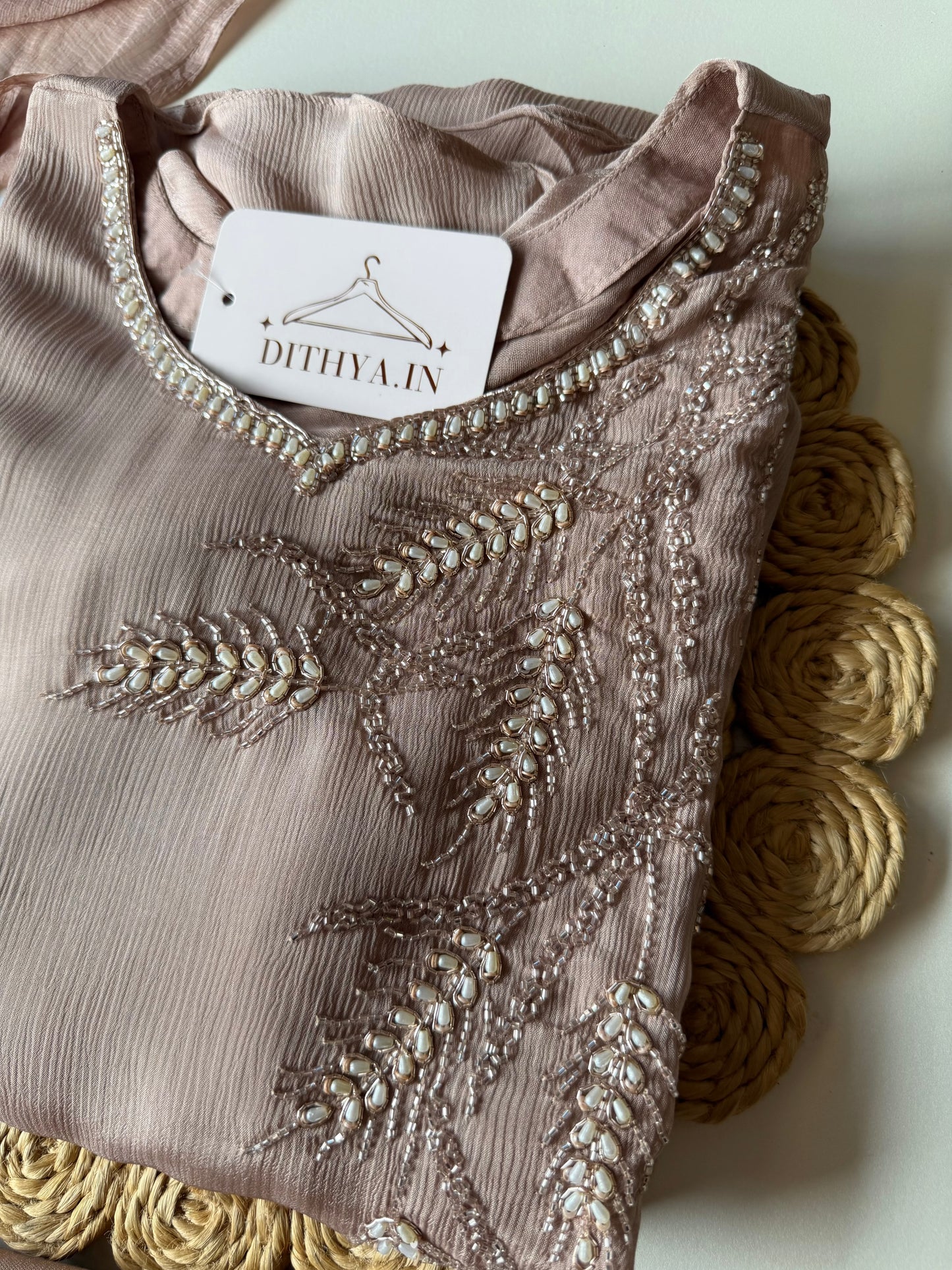 K482 - Pure Chinnon handwork aline Kurti with pants and dupatta