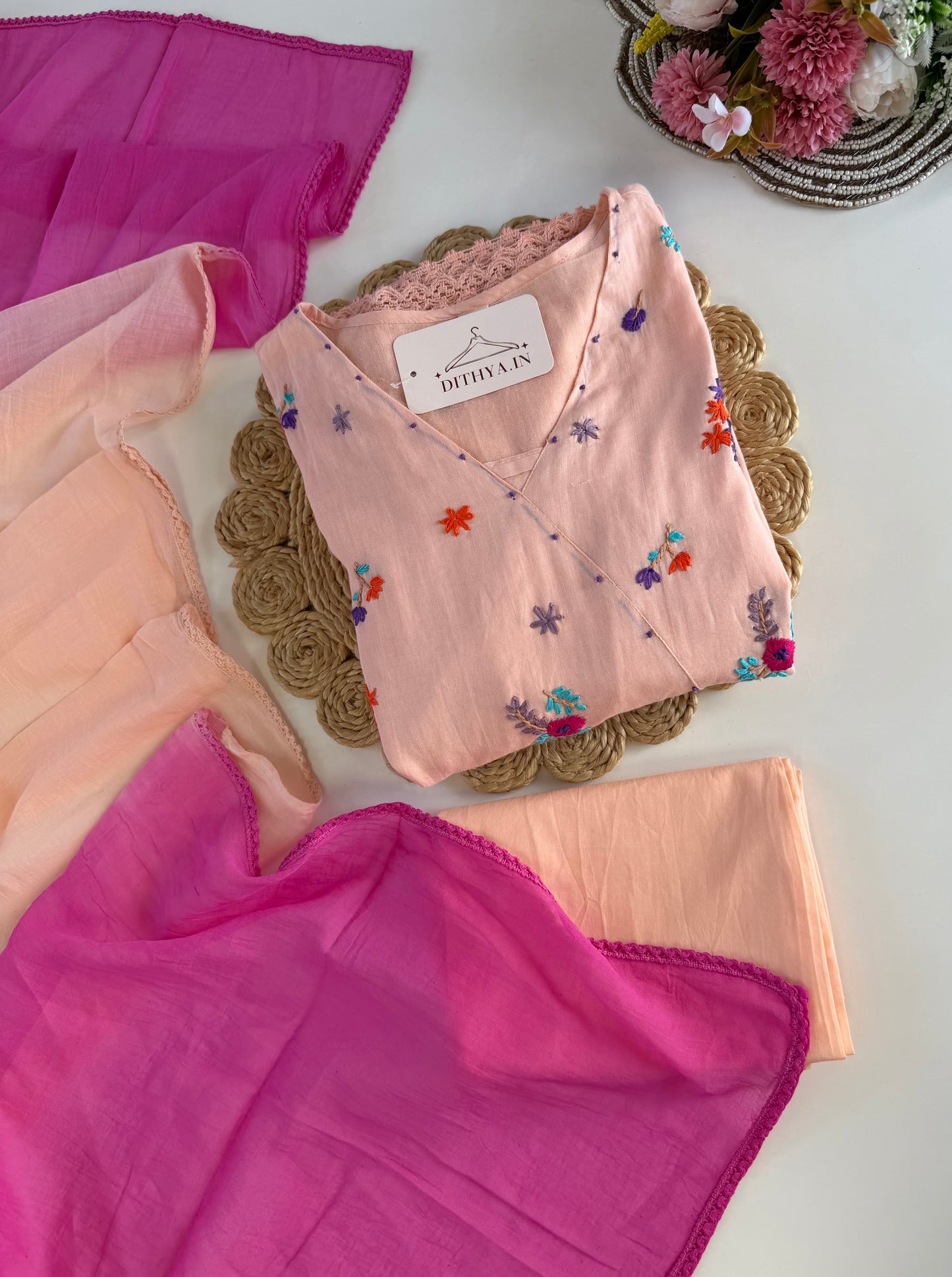 K633 - Mul cotton embroidered Anarkali with pants and dupatta