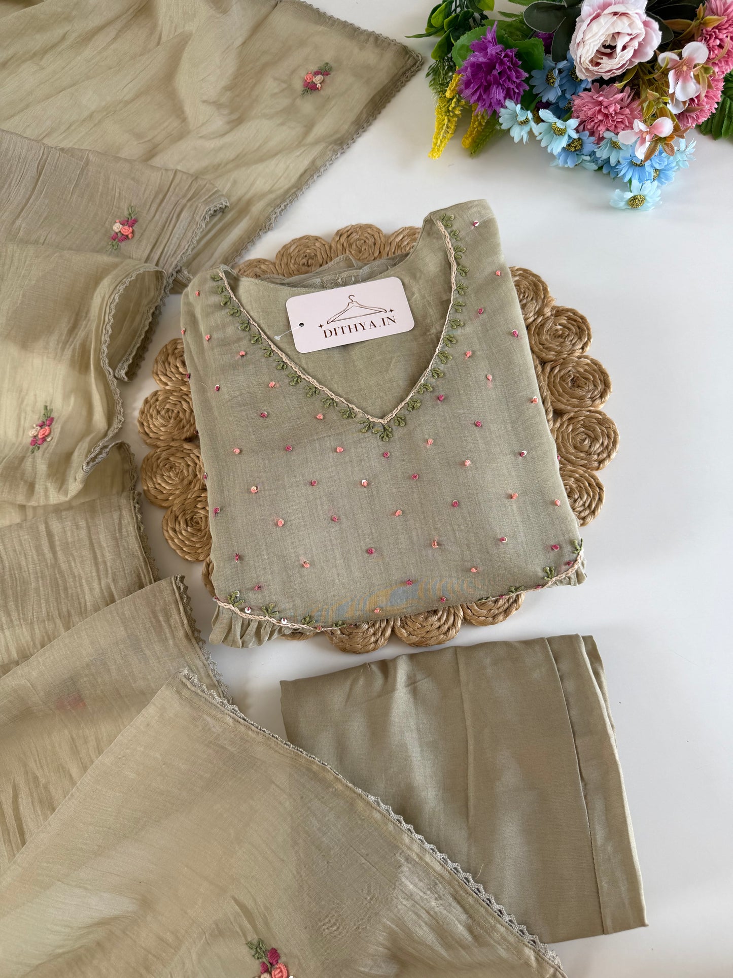 K154 - Mul chanderi embroidered Anarkali with pants and dupatta