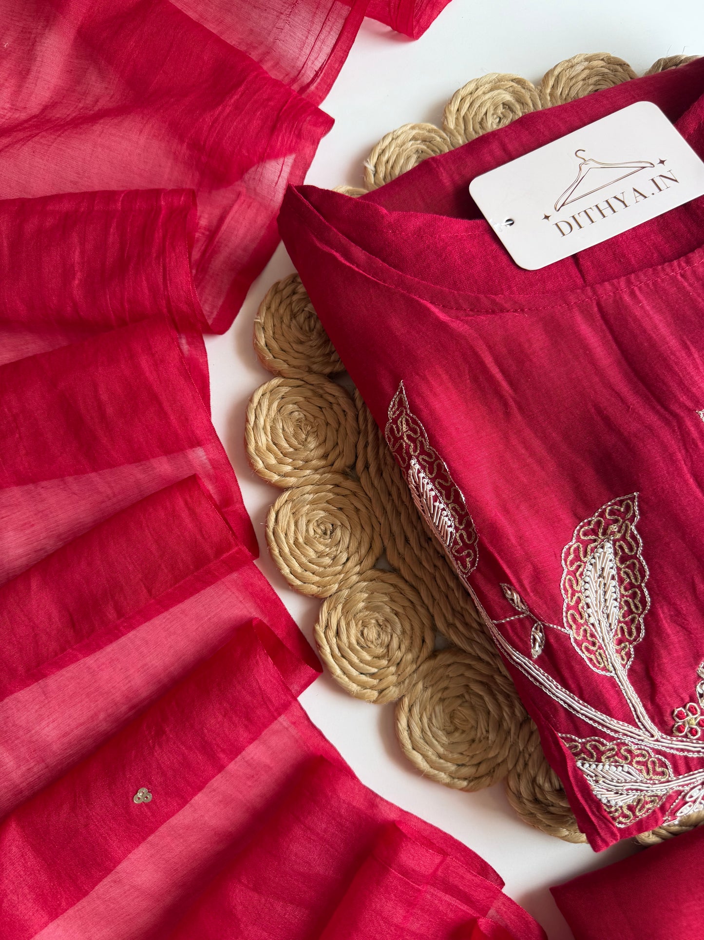 K465 - Mul chanderi handwork Aline Kurti with pants and dupatta