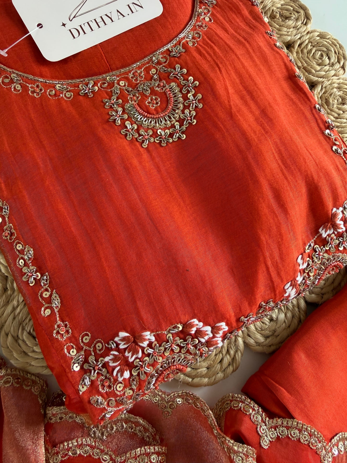 K165 - Mul chanderi handwork aline Kurti with pants and dupatta