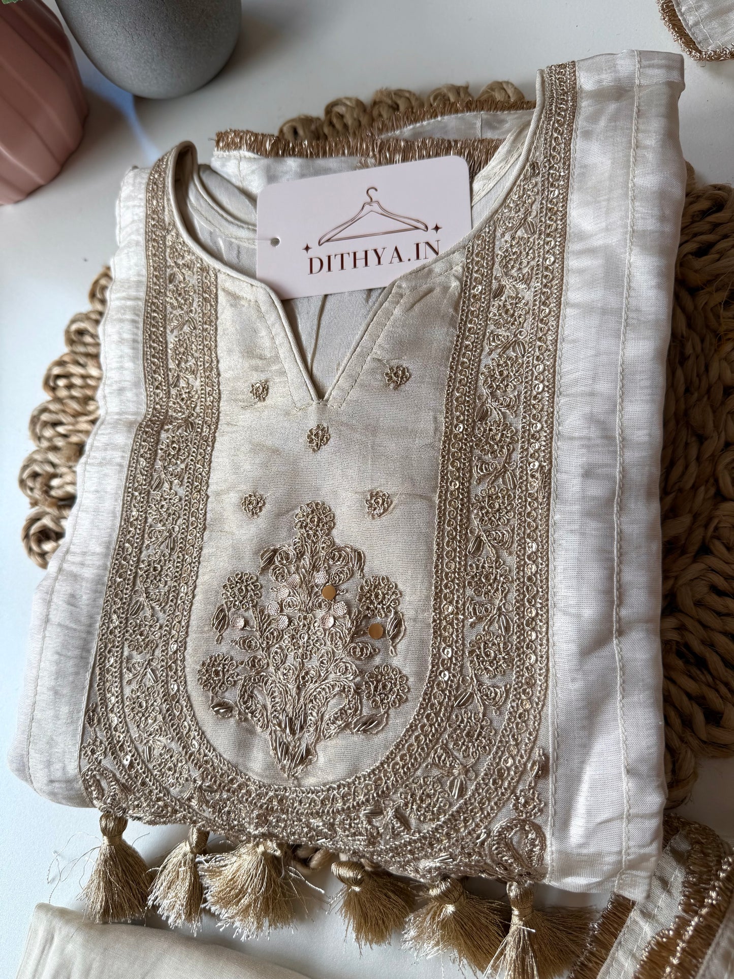 K229 - Tissue silk zari work Aline Kurti with pants and dupatta