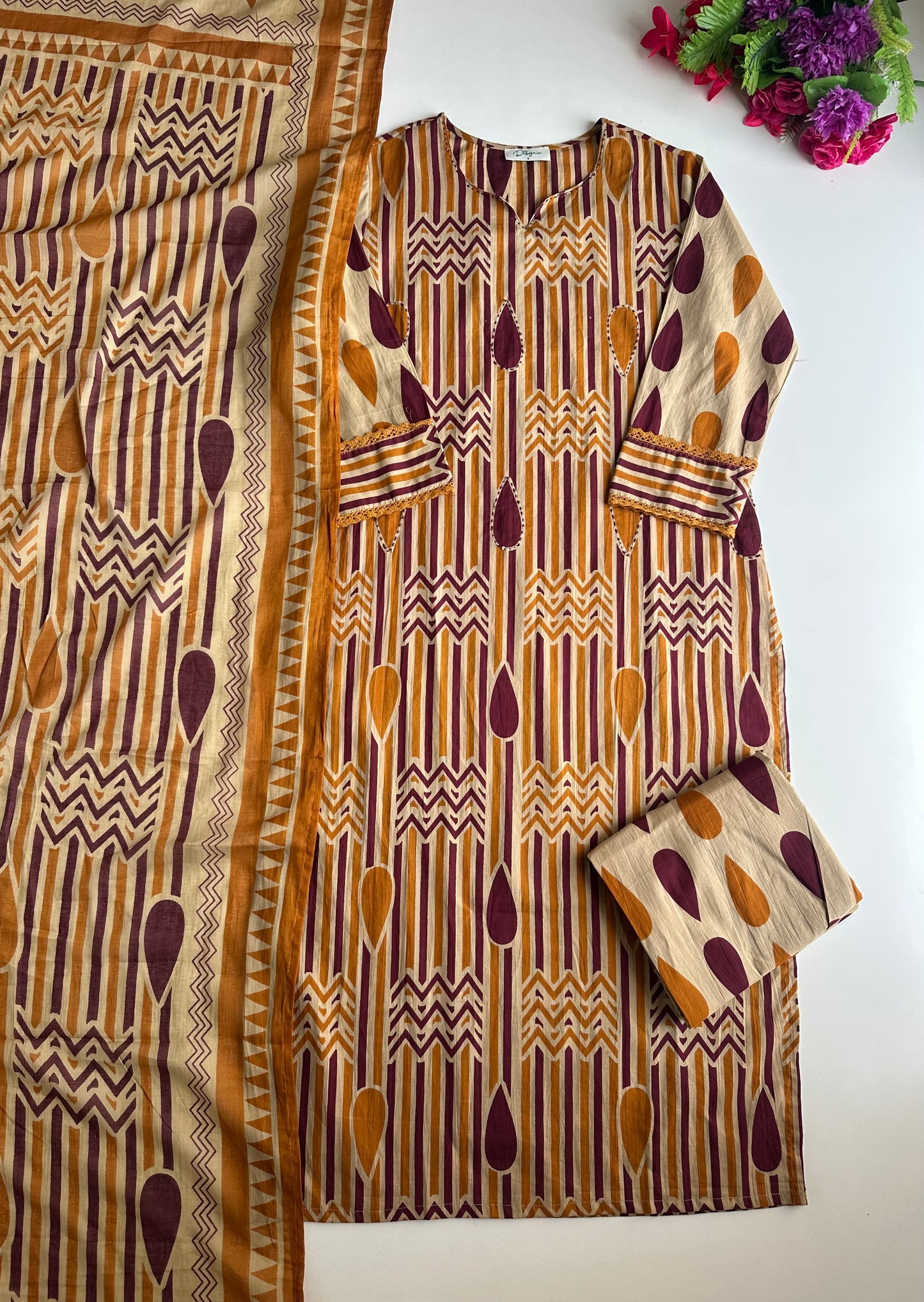K474 - Mul cotton embroidered straight Kurti with pants and dupatta
