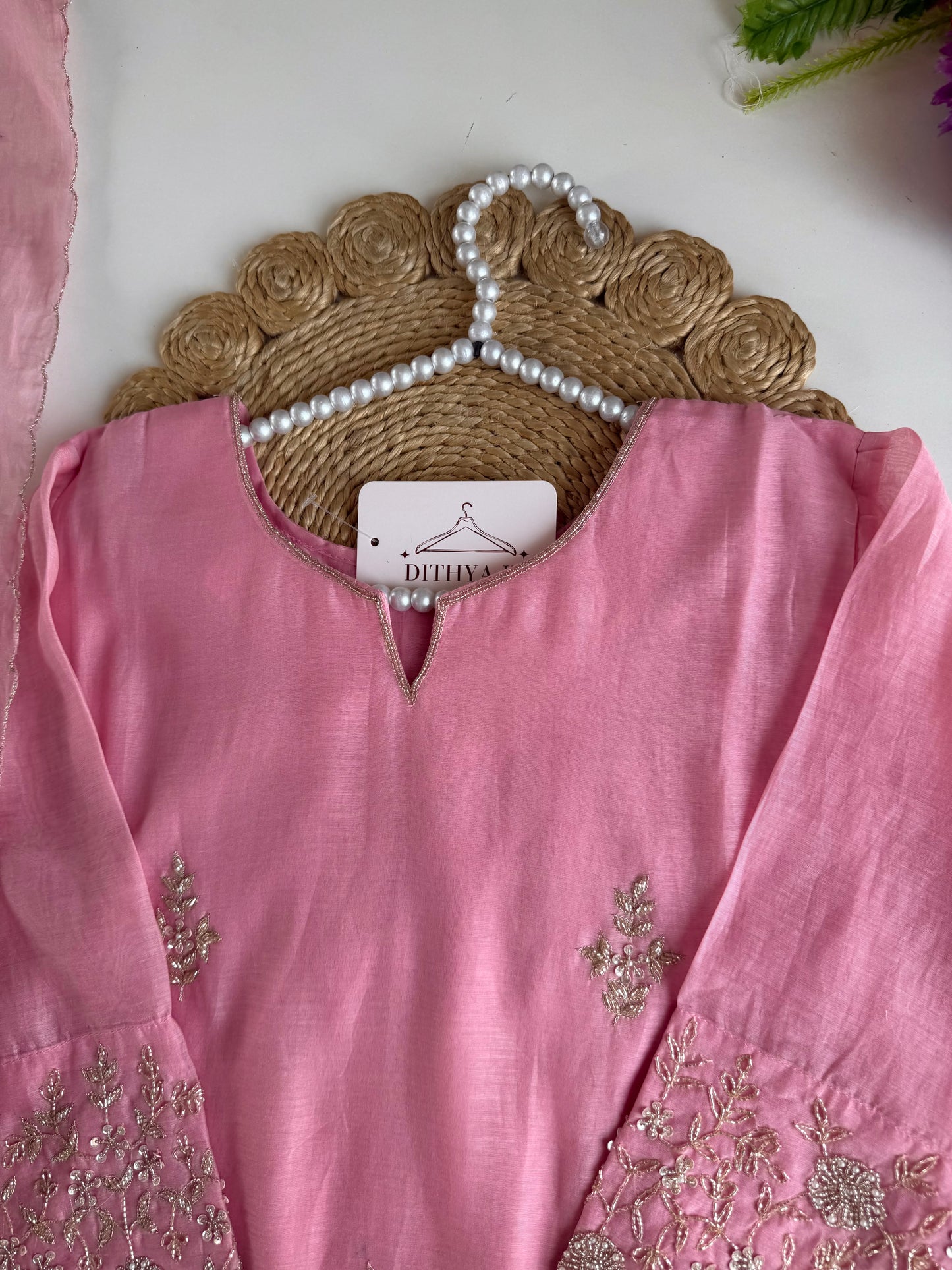 K639 - Mul chanderi handwork aline Kurti with pants and dupatta