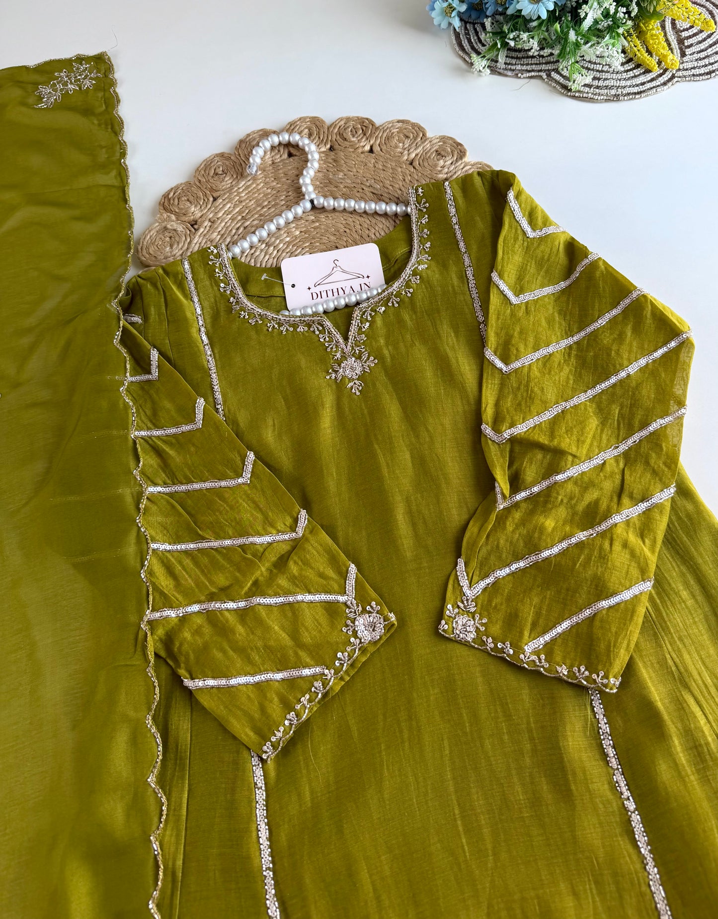 K569 - Mul chanderi handwork aline Kurti with pants and dupatta