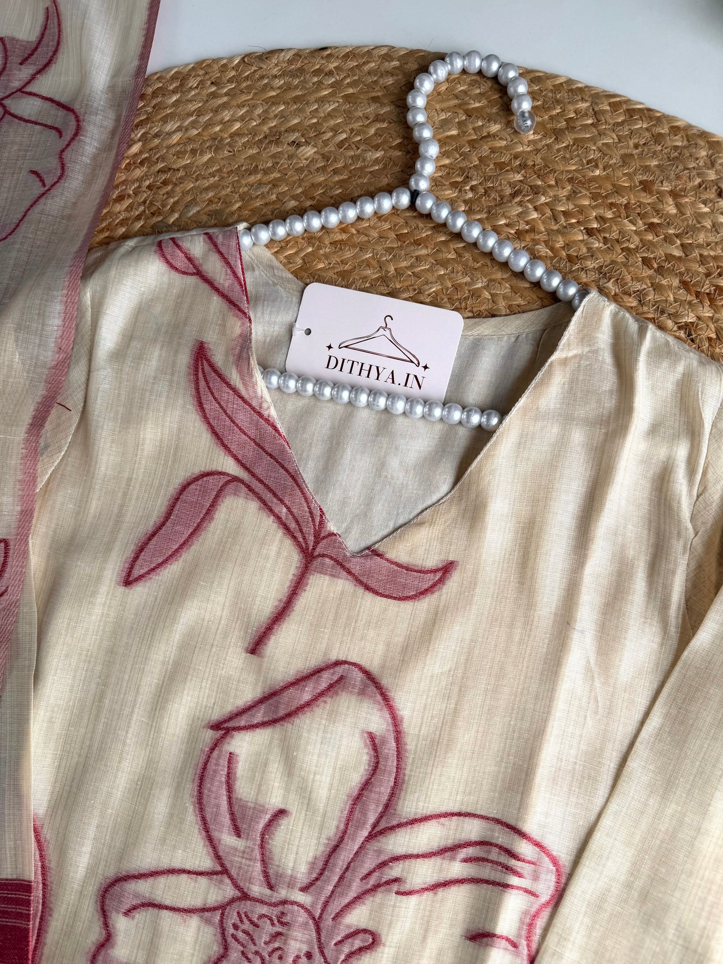 K672 - Chanderi silk floral weaving straight Kurti with pants and dupatta