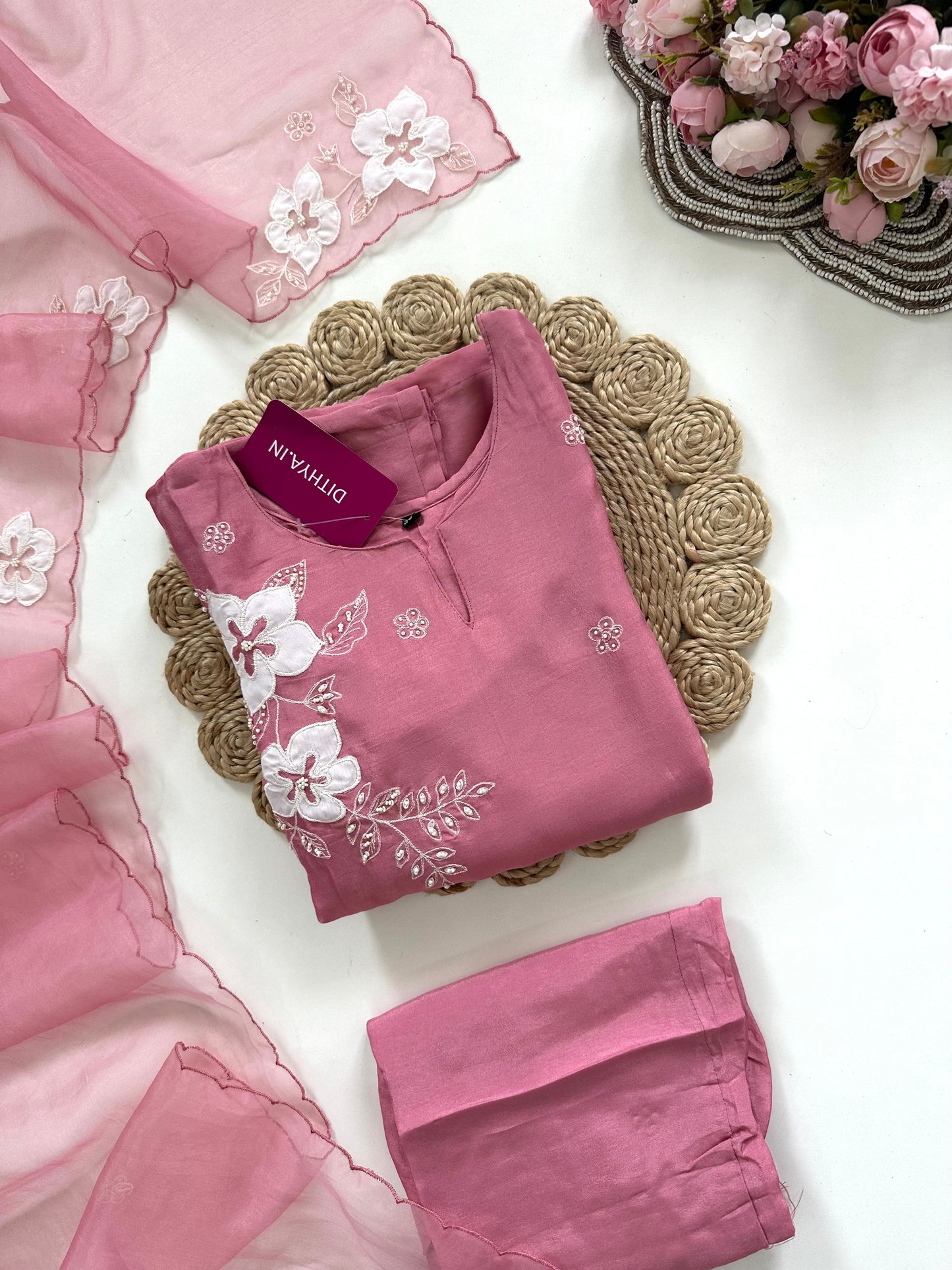 K085 - Russian silk appliqué work straight Kurti with pants and dupatta