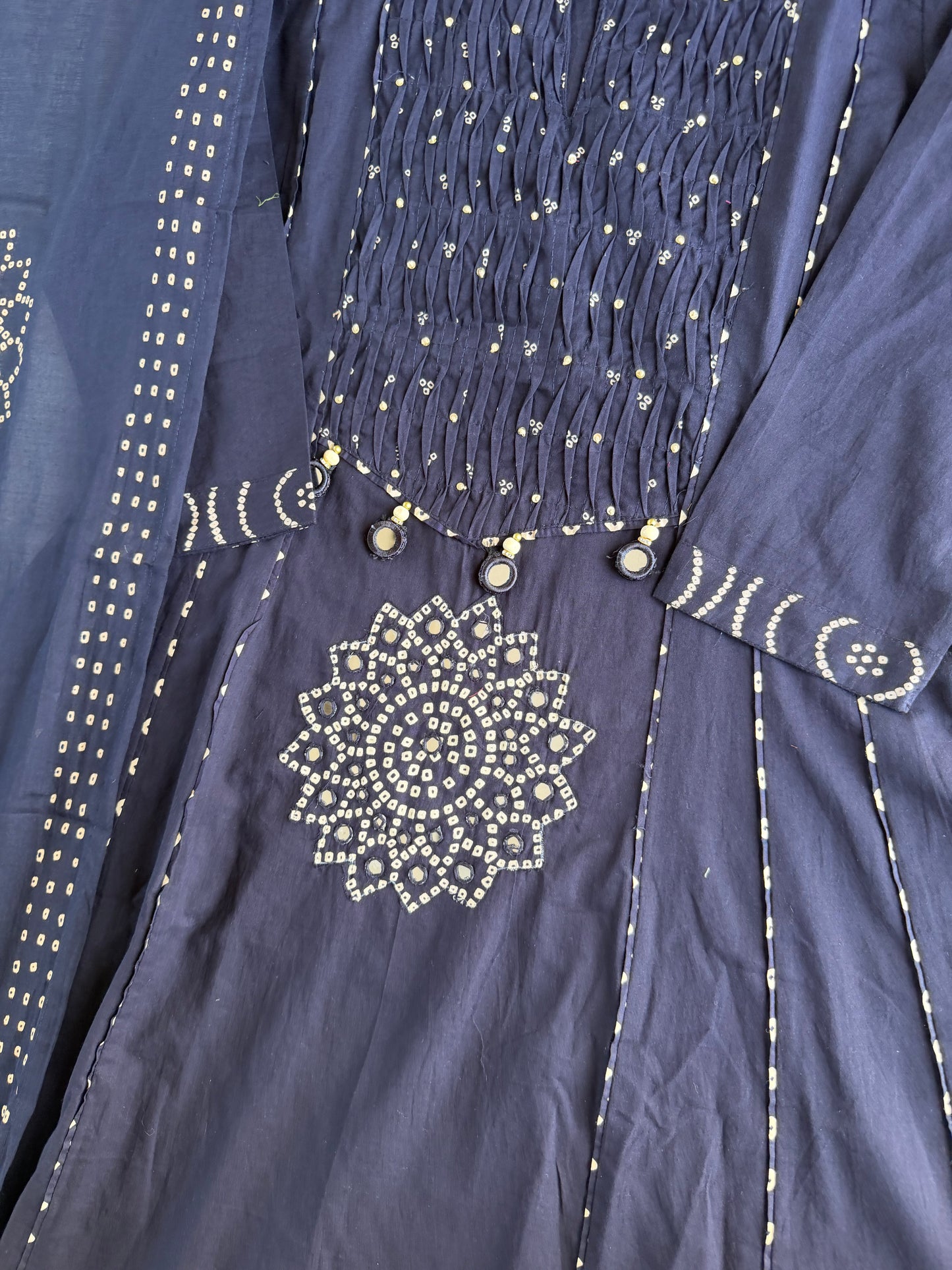 K273 - Mul cotton mirror work Anarkali with pants and dupatta in 4 colours