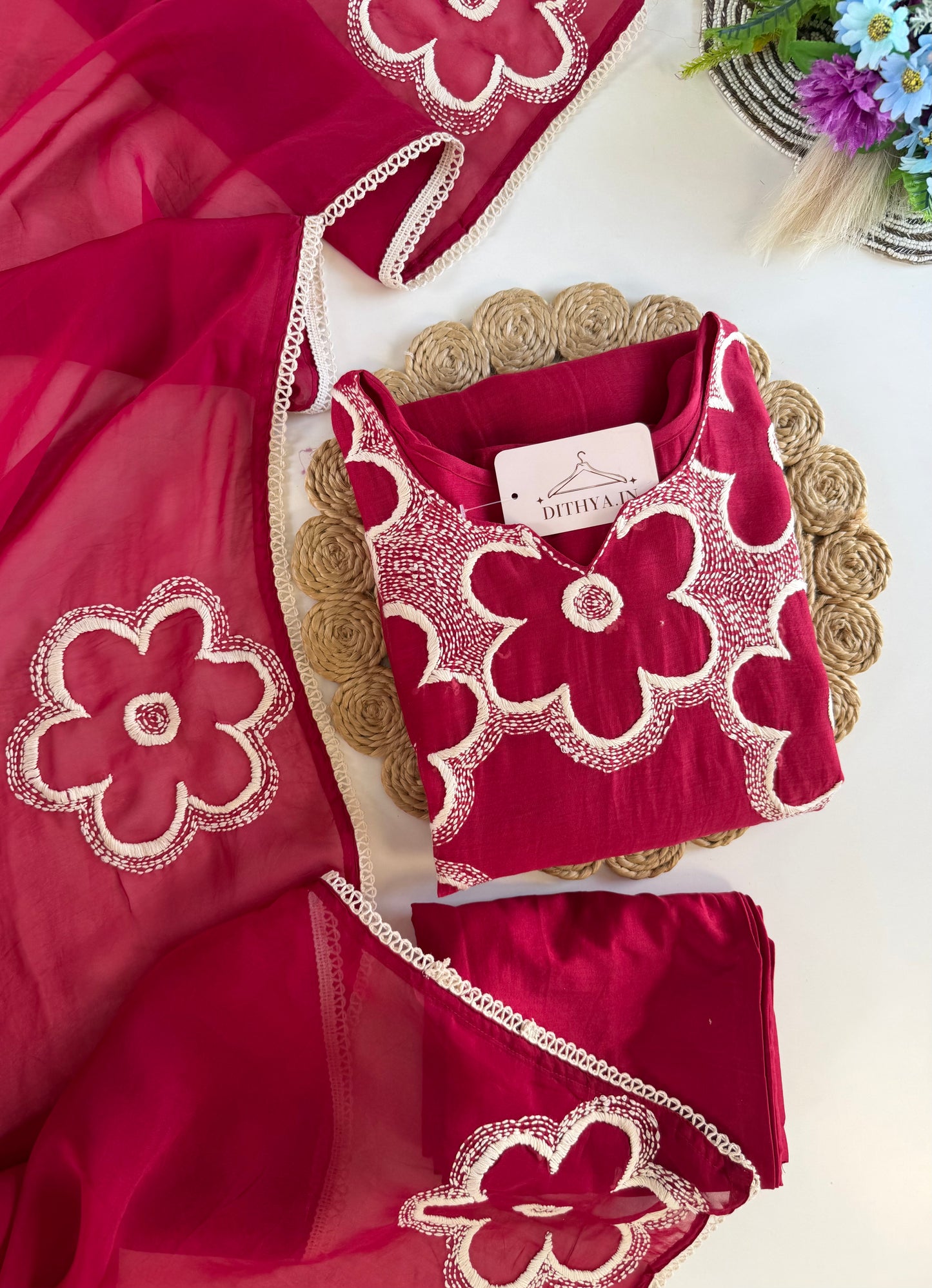 K609 - Mul chanderi embroidered Aline Kurti with pants and dupatta