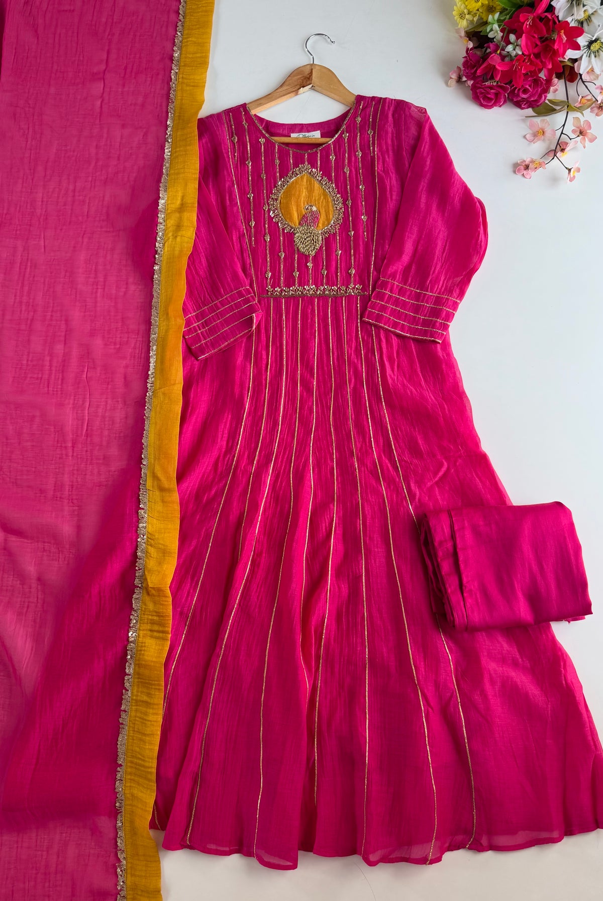 K344 - Mul chanderi handwork Anarkali with pants and dupatta