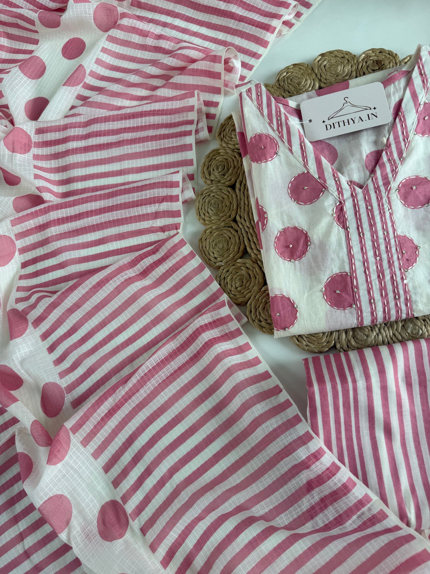 K159 - Mul cotton embroidered straight Kurti with pants and dupatta