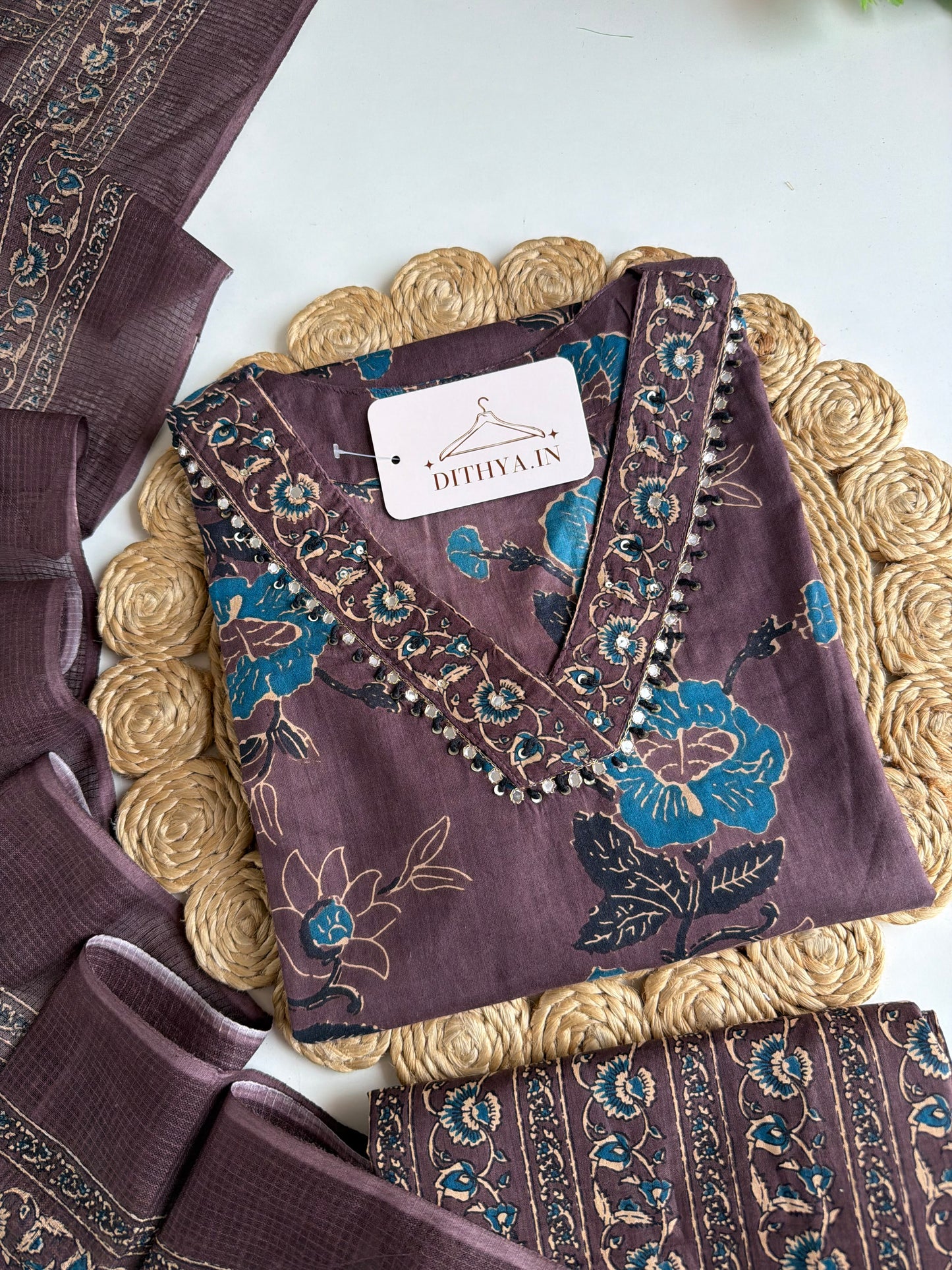 K163 - Mul cotton embroidered Aline Kurti with pants and dupatta
