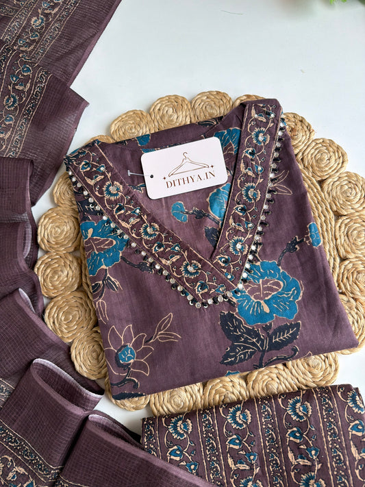 K163 - Mul cotton embroidered Aline Kurti with pants and dupatta