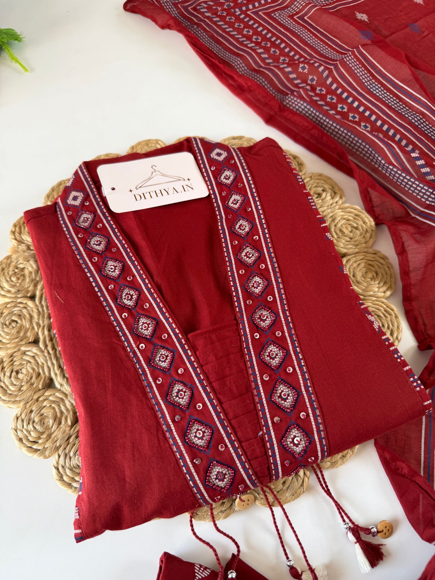 K692 - Mul cotton embroidered Aline Kurti with pants and dupatta