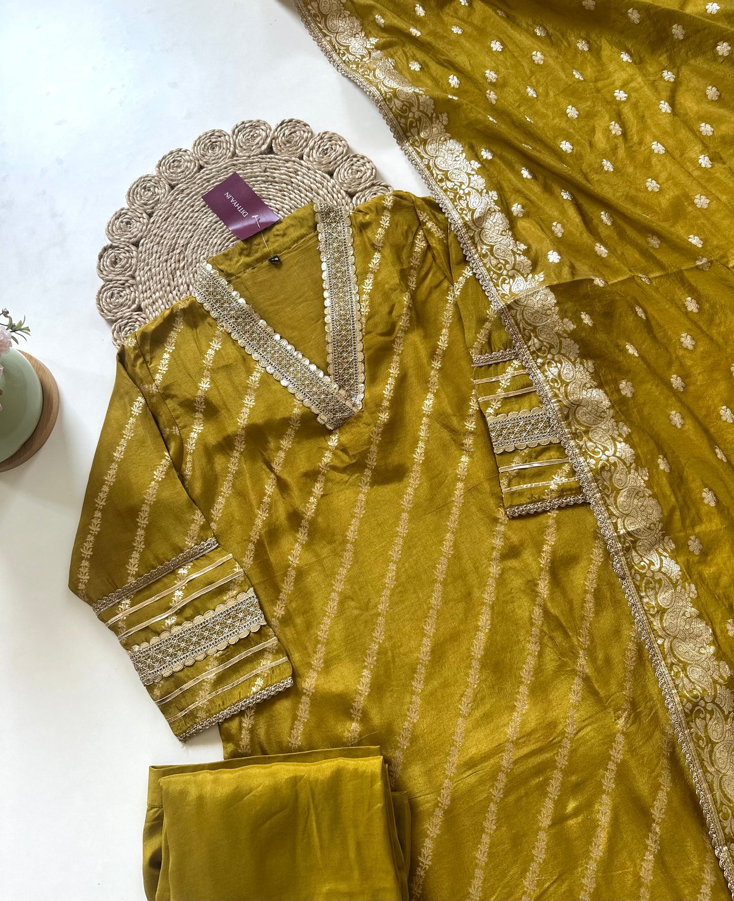 K125 - Jacquard silk Collar neck straight kurti with pants and dupatta in 2 colours .