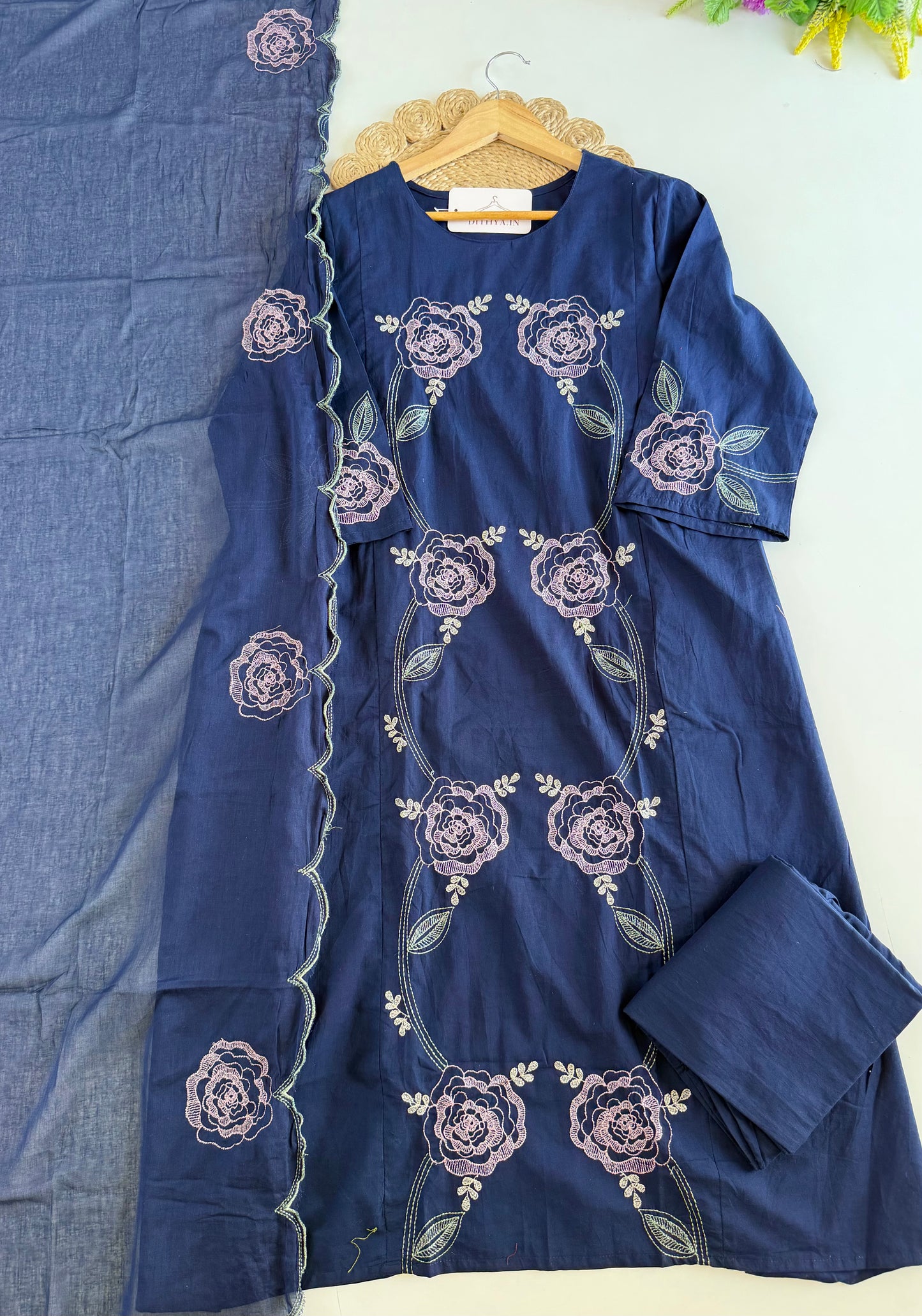 K681 - Mul cotton embroidered Aline Kurti with pants and dupatta