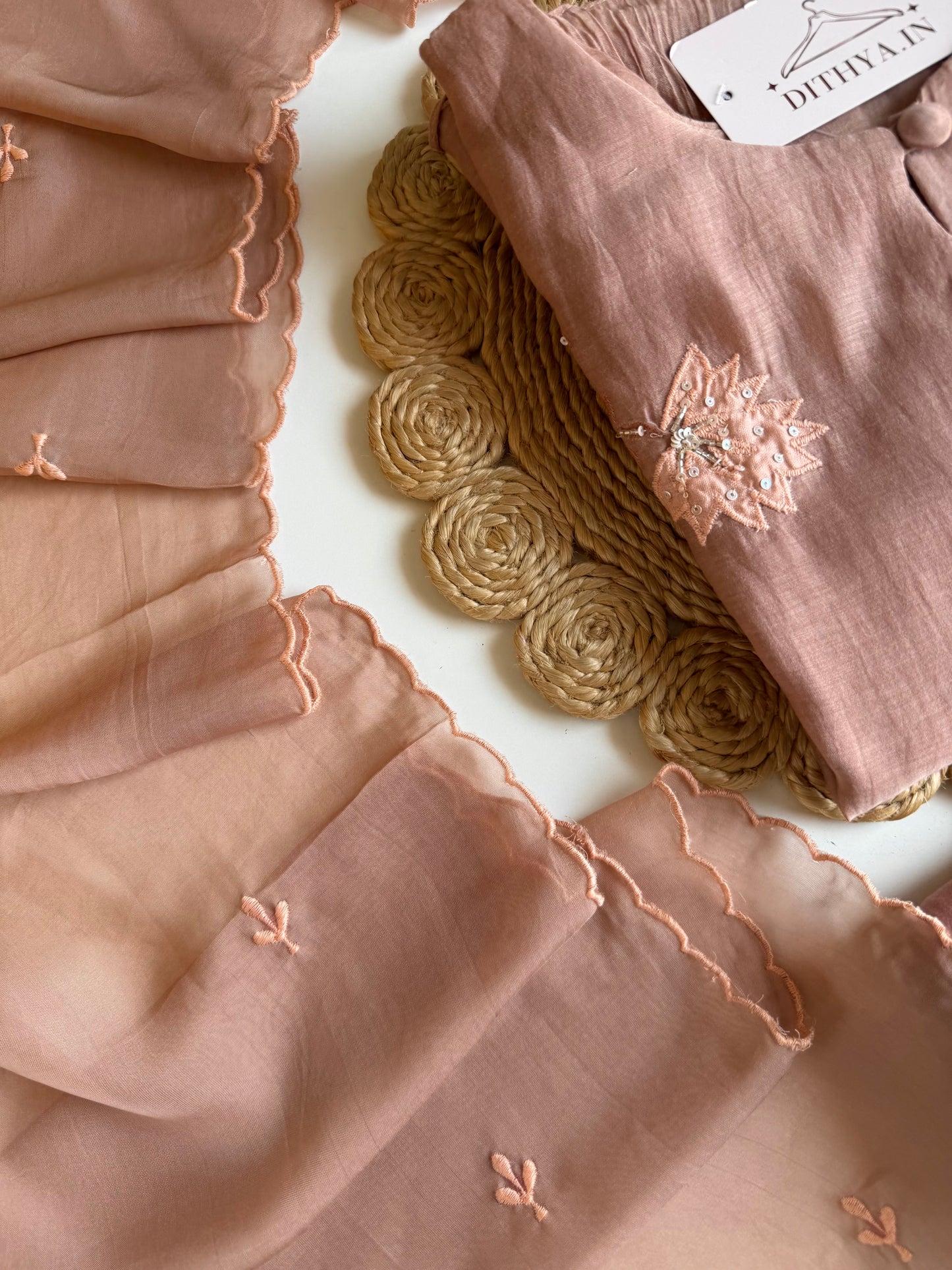 K630 - Mul chanderi appliqué Aline Kurti with pants and dupatta