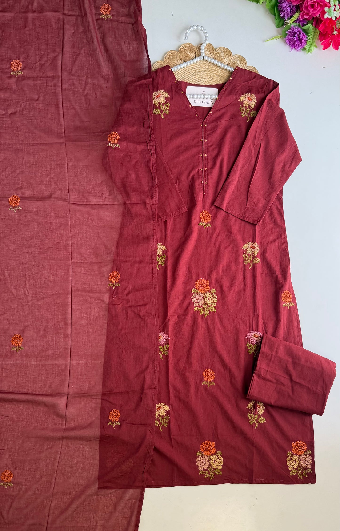 K210 - Mul cotton embroidered straight Kurti with pants and dupatta