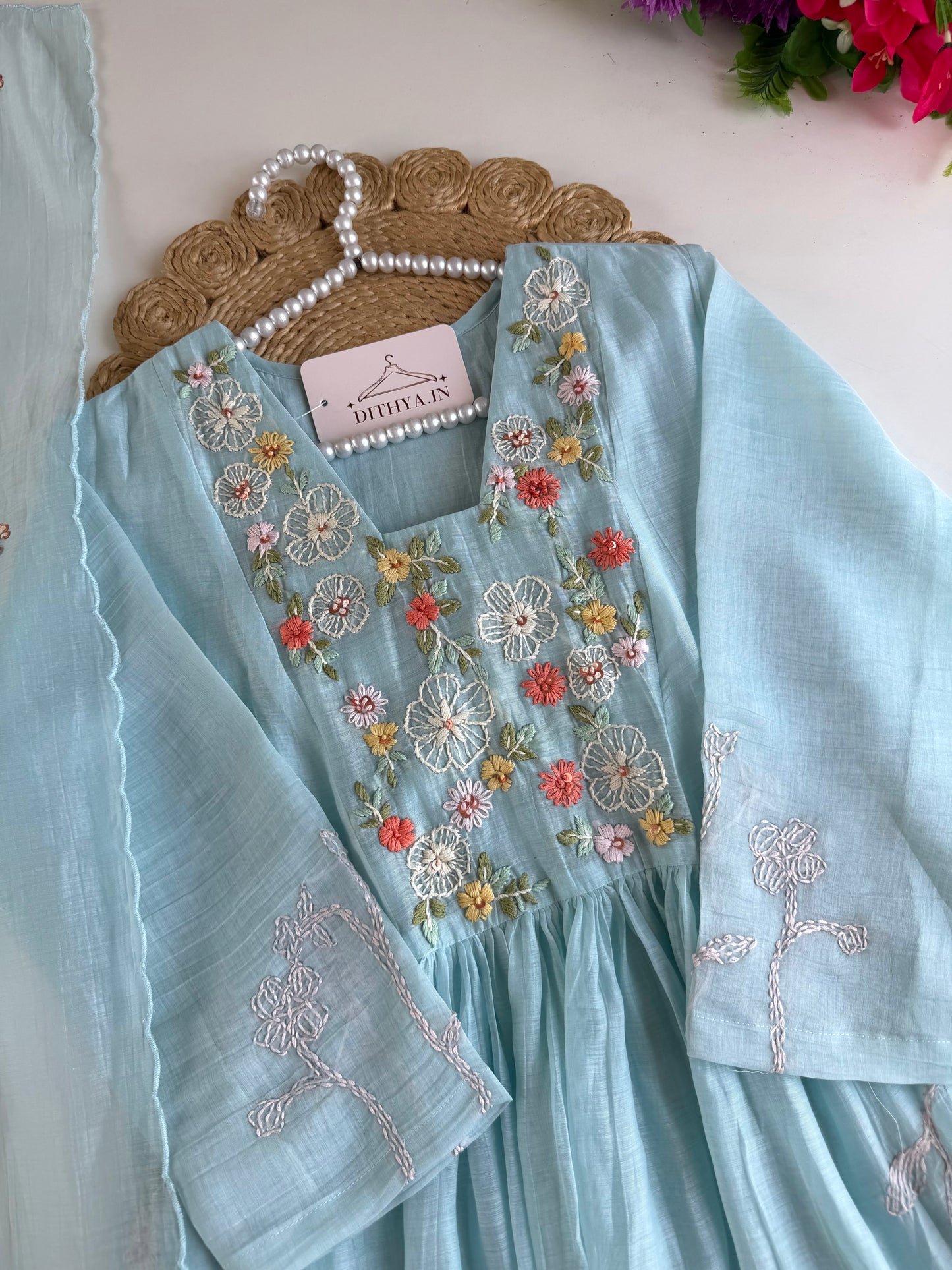 K703 - Mul chanderi embroidered Anarkali with pants and dupatta