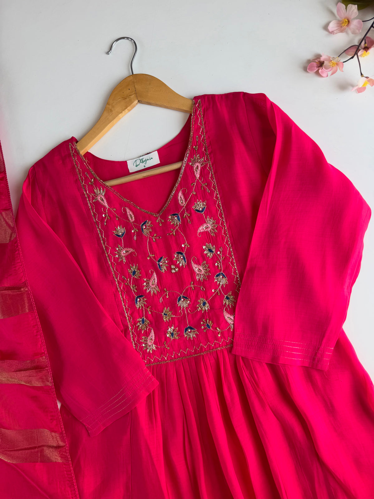 K298 - Surat Mul chanderi handwork Anarkali with pants and dupatta