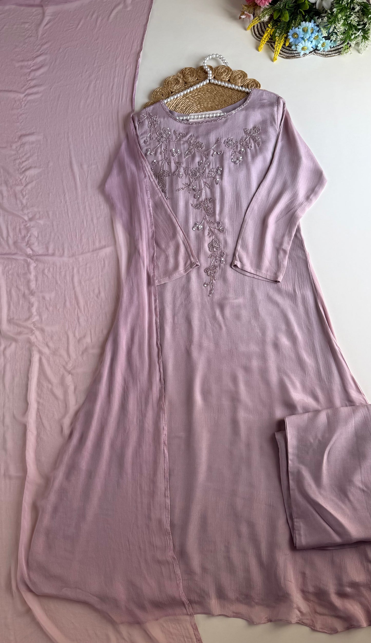 K456 - Pure Chinnon handwork aline Kurti with pants and dupatta