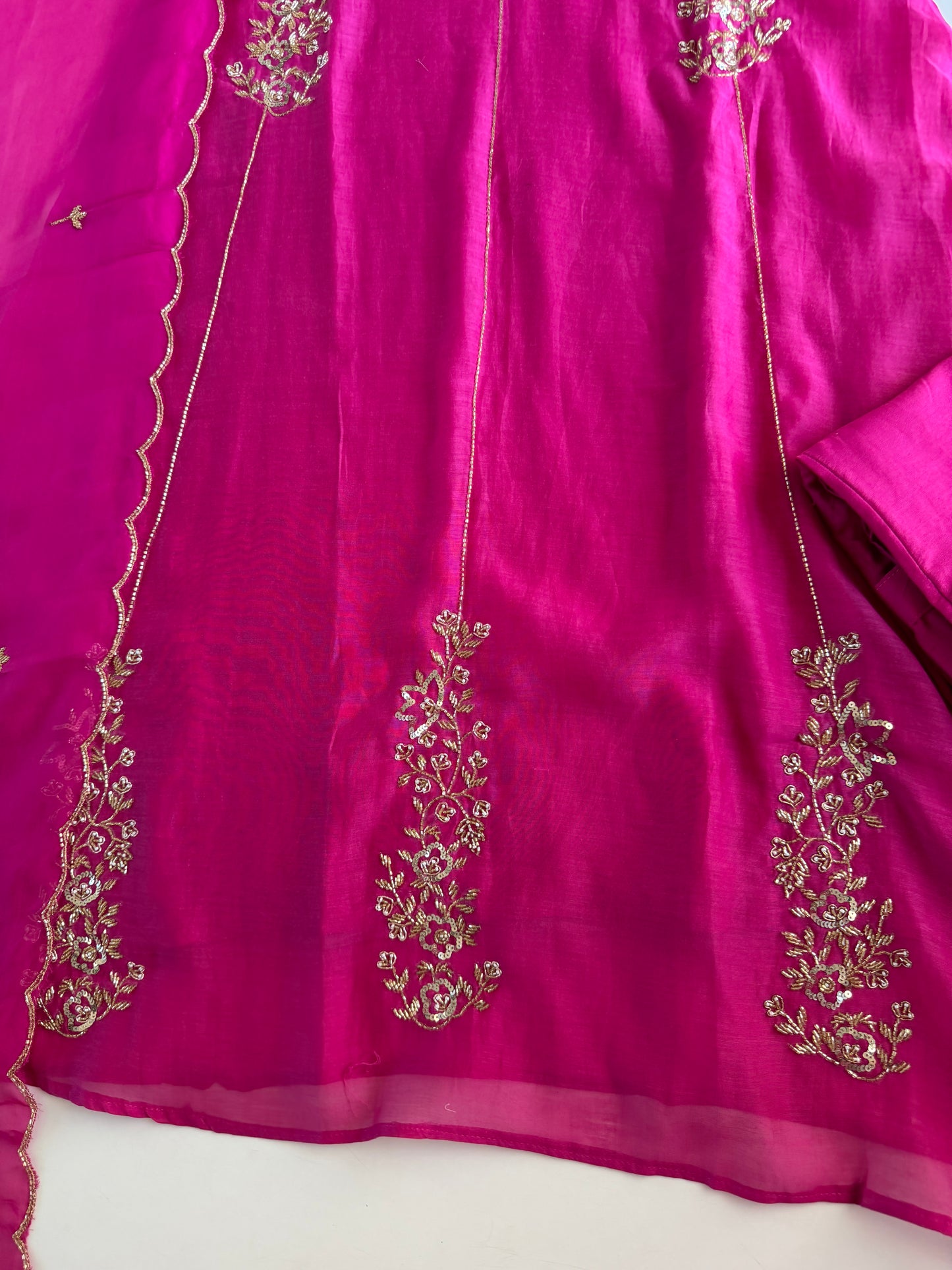 K616 - Mul chanderi handwork Aline Kurti with pants and dupatta