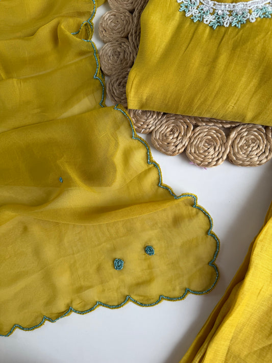 K466 - Mul chanderi handwork short Kurti with palazzo and dupatta